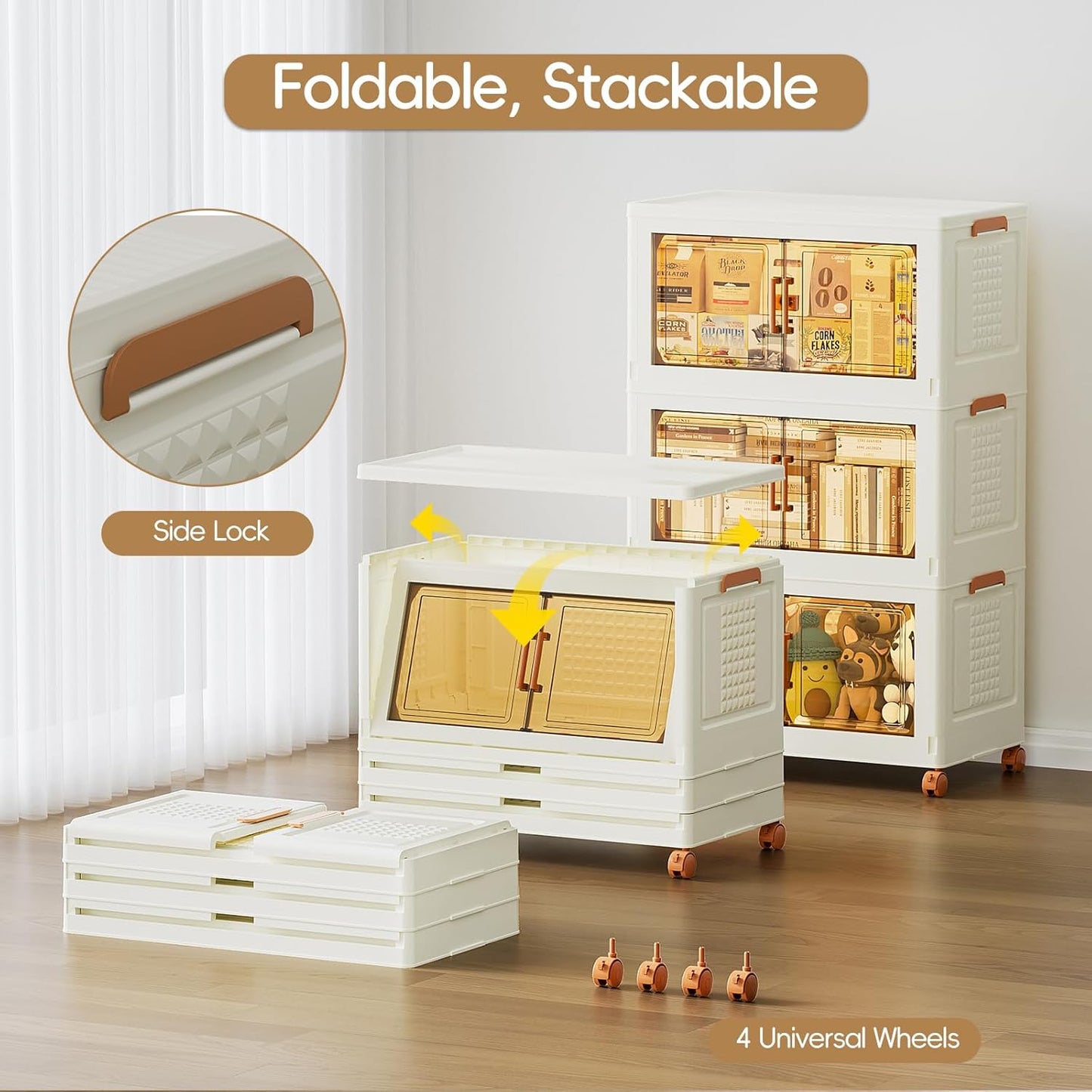 JEKO&JEKO 324 Qt Extra Large Plastic Storage Cabinets with Lids, Front Doors & Wheels, 3-Pack Stackable Collapsible Storage Bins for Bedroom, Home & Closet Organization, Cream