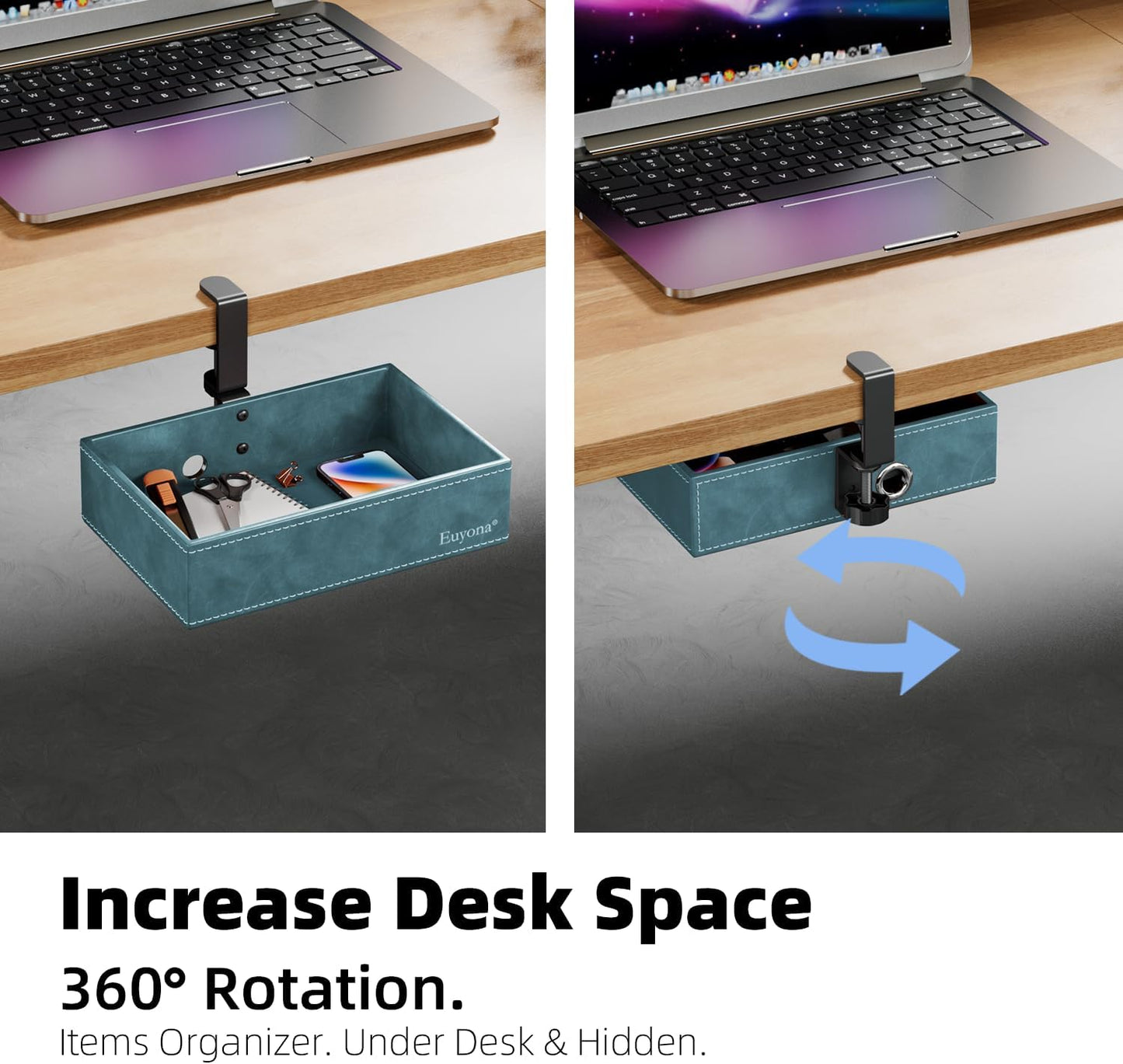 Mesh Hidden Desk Organizer with Swivel Pencil Drawer - Heavy-Duty C-Clamp Mount for Office Supplies, Art Tools & Home Storage, Easy Install Desktop Accessories (Sky Blue)