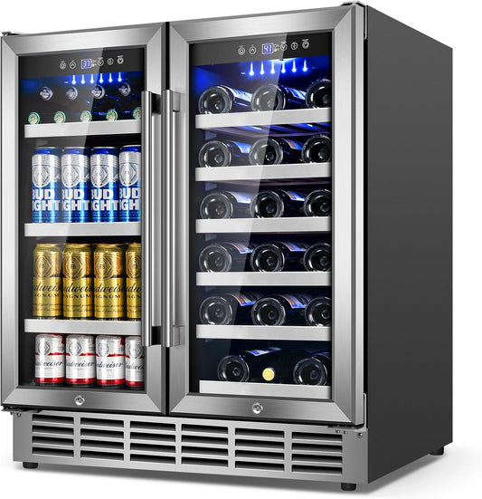 30Inch Wine and Beverage Refrigerator - Dual Zone Beverage Cooler Under Counter, Holds Up to 30 Bottles & 90 Cans Drink and Beer Fridge Built-In for Home Kitchen Bar and Office