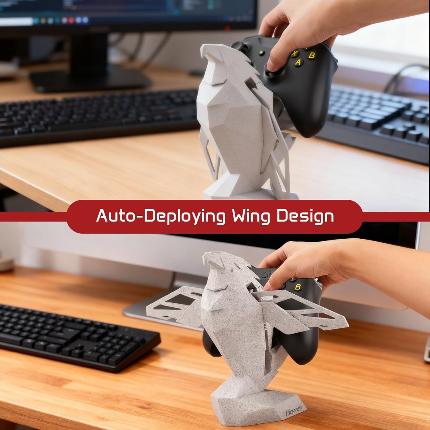 Controller Holder for Xbox/PS/Switch – Monument Marble-Style Eagle Stand, Auto-Spreading Wings, Dual Placement, Scratch-Free Curved Tail Design