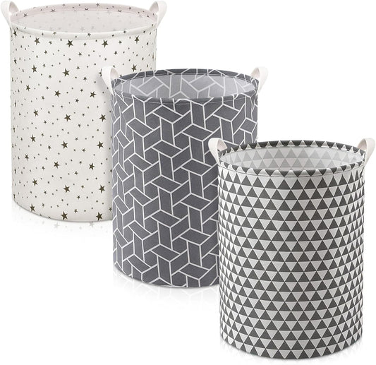 Patelai 3 Pieces Large Laundry Hamper Round Collapsible Organizer Storage Bin Waterproof Foldable Dirty Clothes Laundry Basket for Home Bathroom(Geometric)