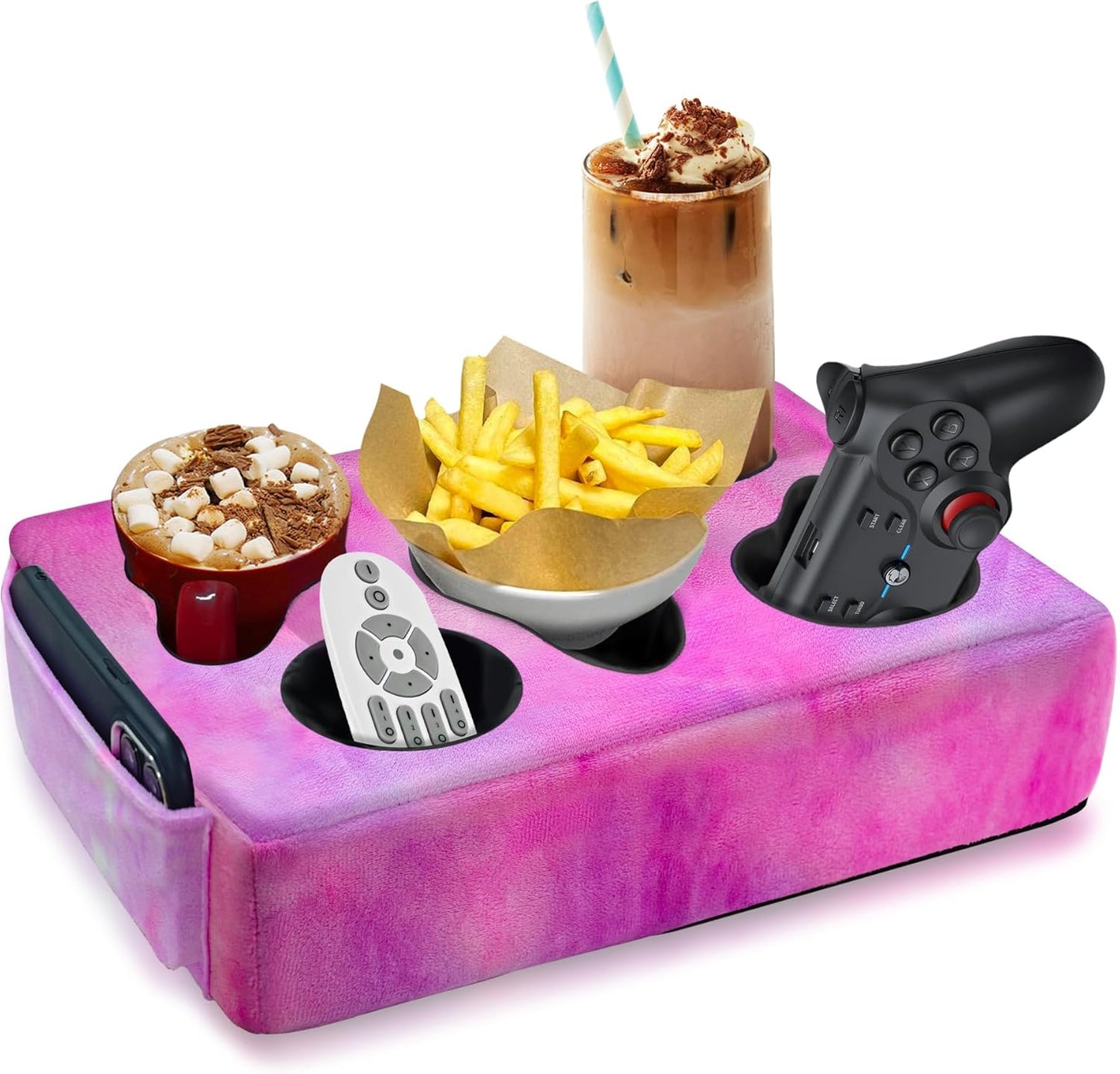 Couch Cup Holder Pillow, 5 Hole Couch Drink Holder! Keep Drinks Hand Side and Keep Temp, Prevent Spills and Use Anywhere. Cup Holder for Couch, Bed, Camping, RV, Car, Beach. Rose Purple