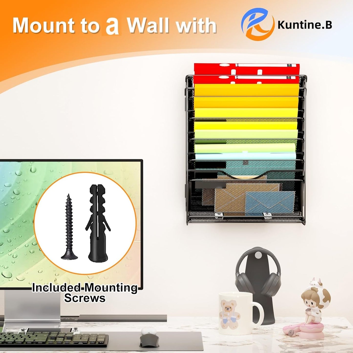 Kuntine.B Wall File Organizer (Black, 7 Tier)
