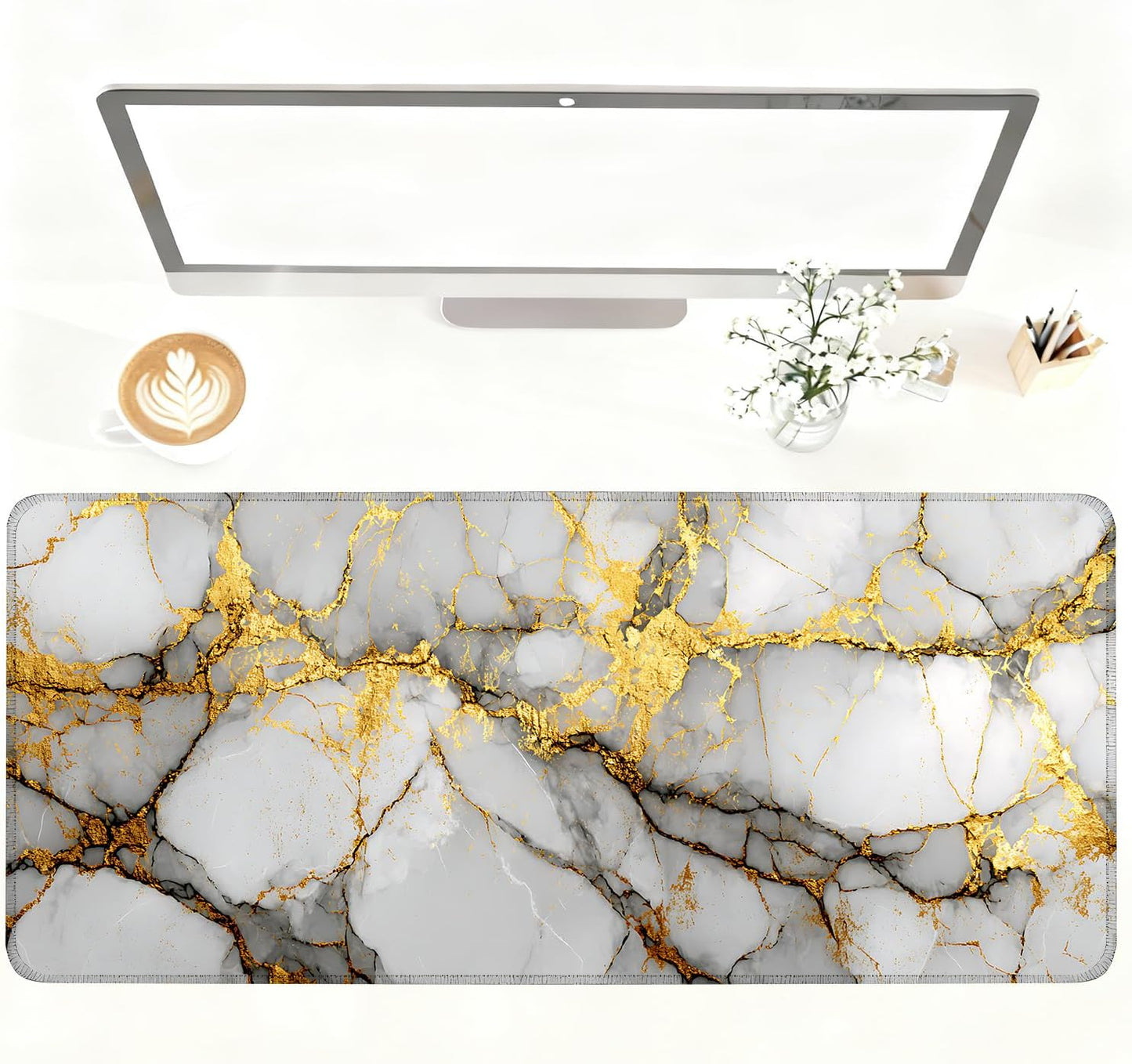 White Marble Mouse Pad – Large Extended Desk Mat 35.43 x 15.75 in – Elegant Gold Vein Design, Non-Slip Rubber Base, Waterproof Surface, Keyboard & Mouse Pad for Office, Gaming, Home Decor