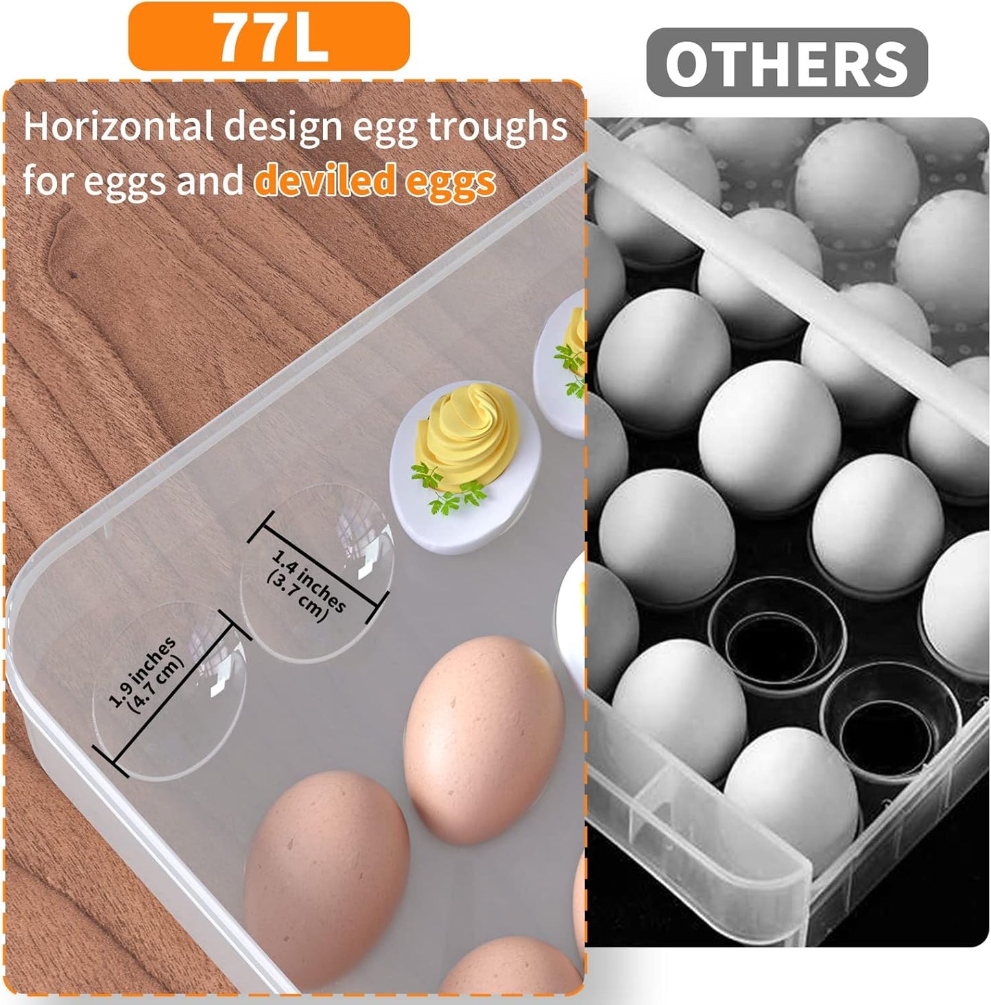 77L Deviled Egg Containers with Lid, (Set of 2), Plastic Deviled Egg Carrier Tray for 60 Eggs, Clear Storage Egg Holder for Refrigerator, Fridge Stackable Countertop Portable Egg Dispenser