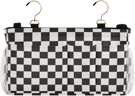 Checkered Black Bedside Caddy for Dorm Bed Bedside Hanging Caddy Bag Iron Frame Storage Organizer Pocket for Bunk Home College Hospital Beds 2 Hooks