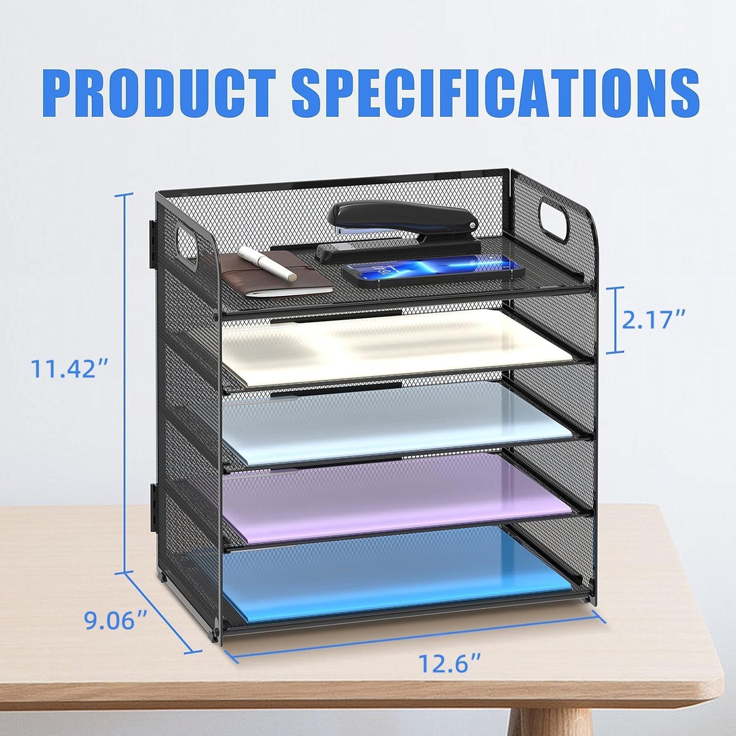 Supeasy 2 Pack 5-Tier Desk Organizer with Handle Mesh Desk File/Paper Organizer Letter Tray for Office, School and Home Easy Installation, Black