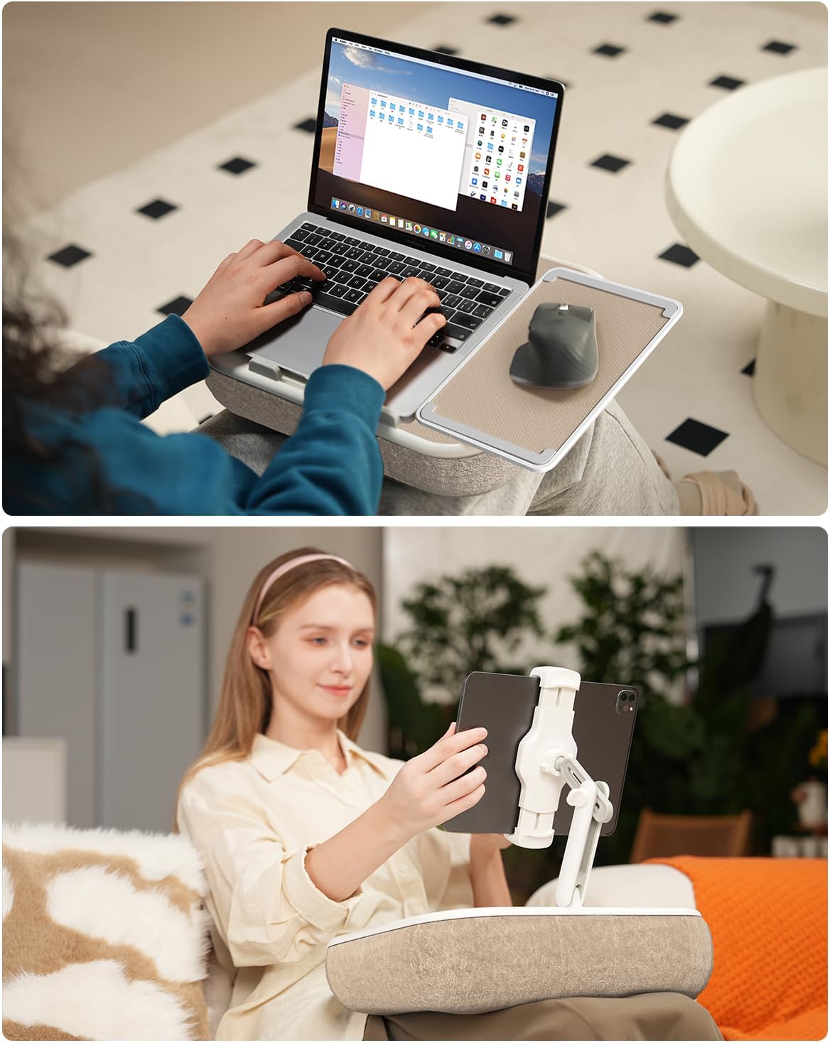 Viozon Kindle Pillow Stand Holder, Phone Holder for Bed, Laptop Lap Desk with Mouse Pad,Compatible with 4.7-13" Kindle/Tablet/Phone,10-15" Laptop, Snack Bowl&Cup Attachment&Detachable 360° Stand Arm