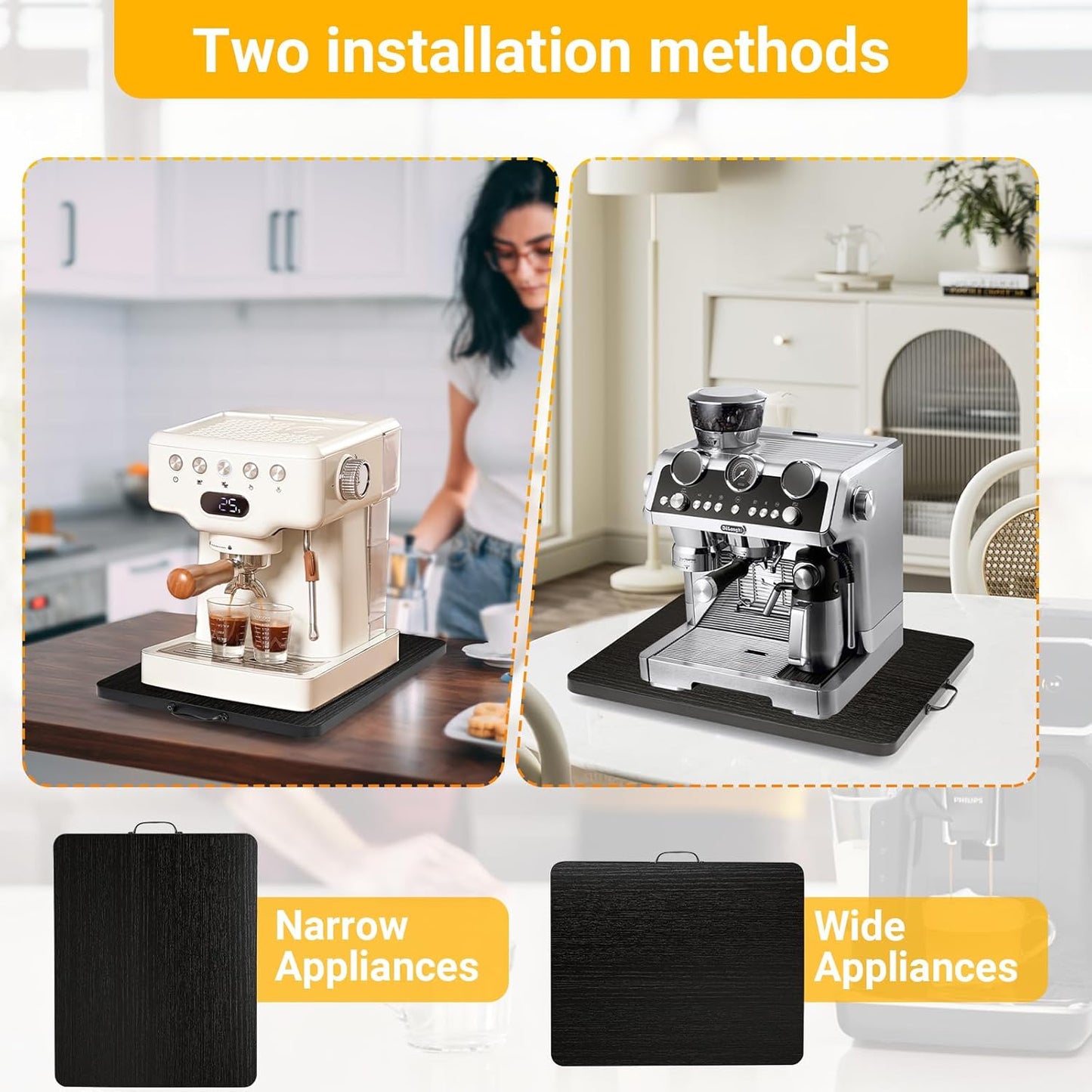 Sliding Tray for Coffee Maker, 360° Rotating Appliance Slider for Kitchen Appliances, Wooden Sliding Tray Suitable for Kitchen Countertops and Kitchen Appliances (Black, Small)