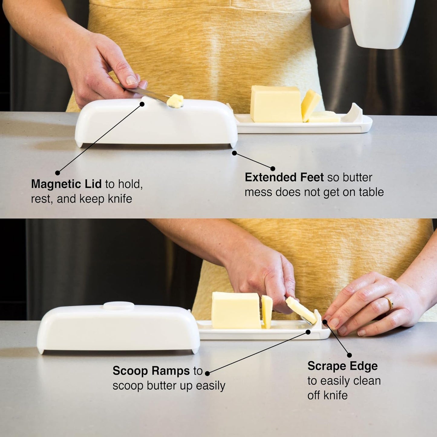 Butter Hub Extra Large Butter Dish with Lid and Knife, European Size Magnetic Butter Keeper, Easy Scoop, No Mess Lid, Plastic, Dishwasher Safe (Clear, European / 2 Sticks)