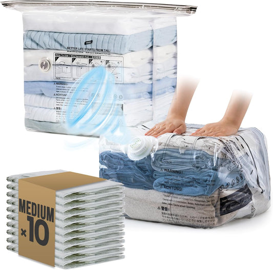 TAILI 10 Pack Cube Vacuum Storage Bags, Medium Size (25x19x11 inch), Vacuum Seal Bags for Clothing, Travel Compression Packing for Clothes, Blankets, Baby Clothes, Travel Essential