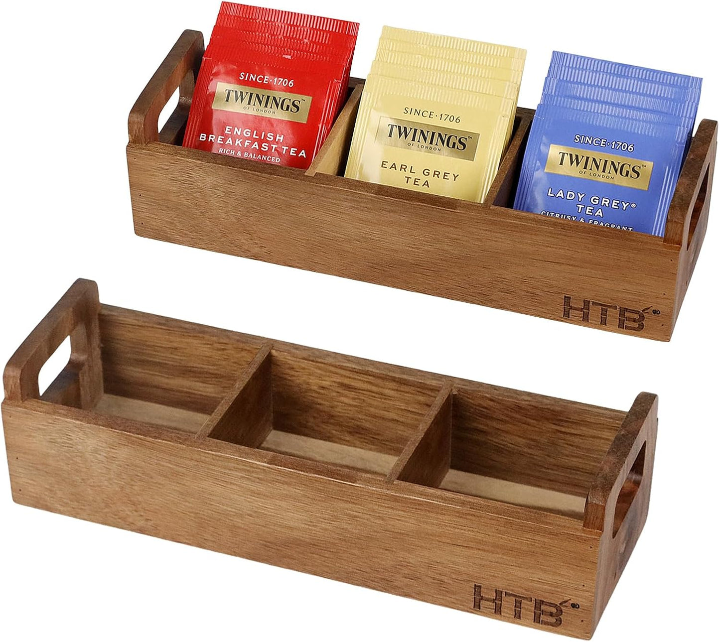 HTB Small Wooden Tea Bag Box 2PCS, 3 Compartments Acacia Wood Tea Bag Chest with Handle, Mini Countertop Divided Storage Container for Beverage Supplies, Sugar, Sweeteners, Individual Packets