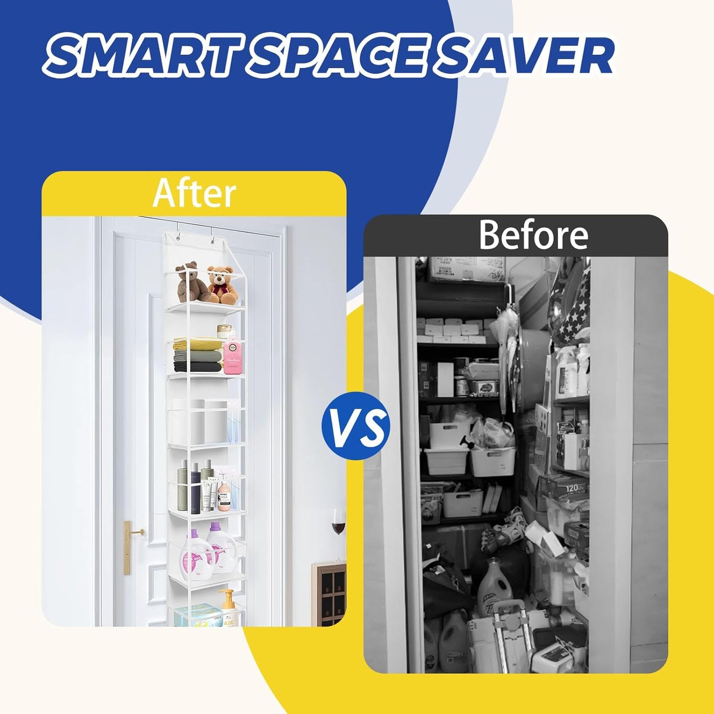 2 Packs Over The Door Organizer - 6-Shelf Hanging Storage Organizer with Clear Plastic Pockets - Large Capacity Pantry Storage Shelf for Bathroom, Bedroom, Nursery (White)