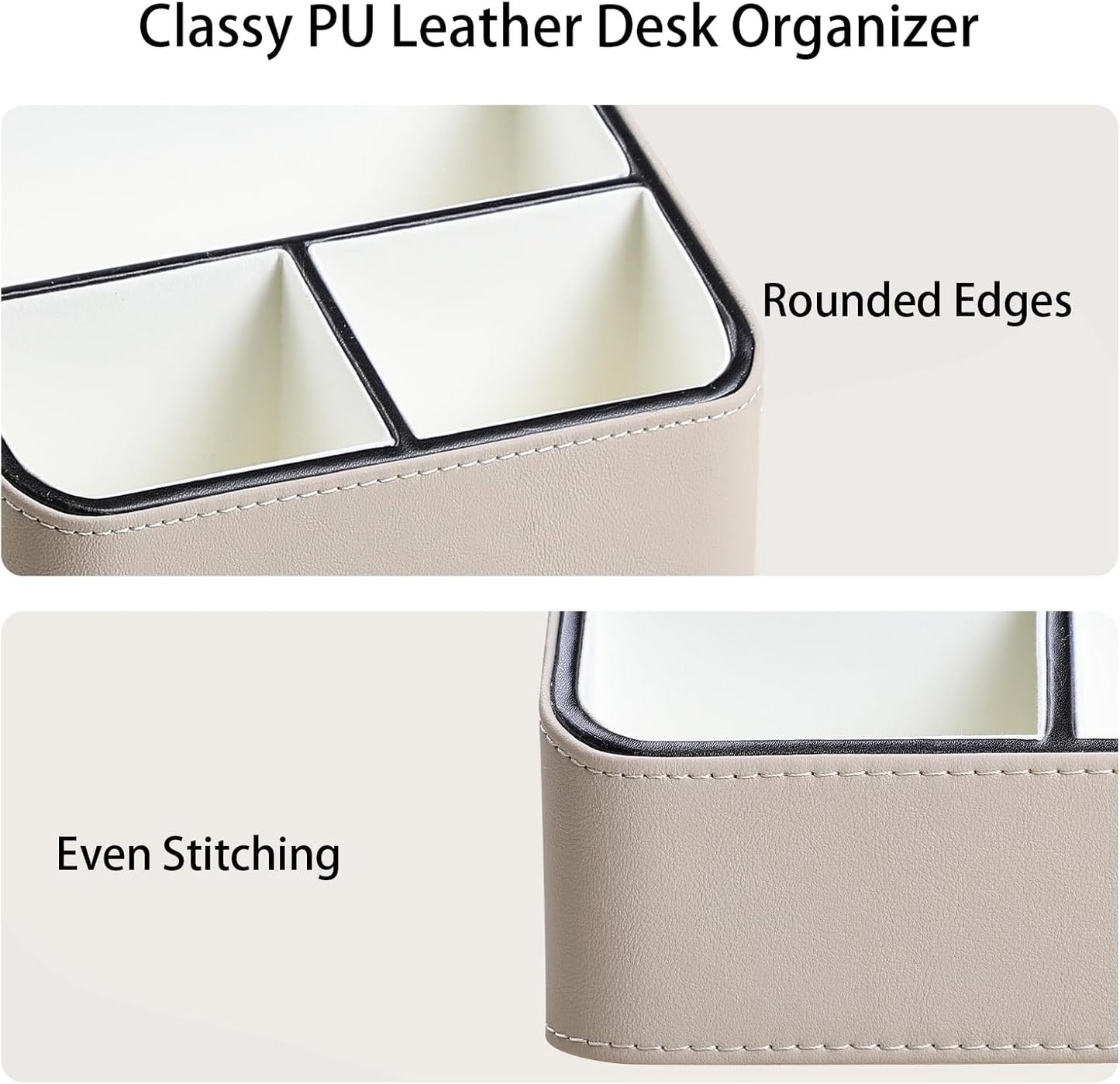 Remote Control Holder, PU Leather Small Desk Organizer with 4 Compartments, Nightstand Organizer Desk Caddy for Remote, Notepad, Phone, Glasses, and Accessories (Beige)