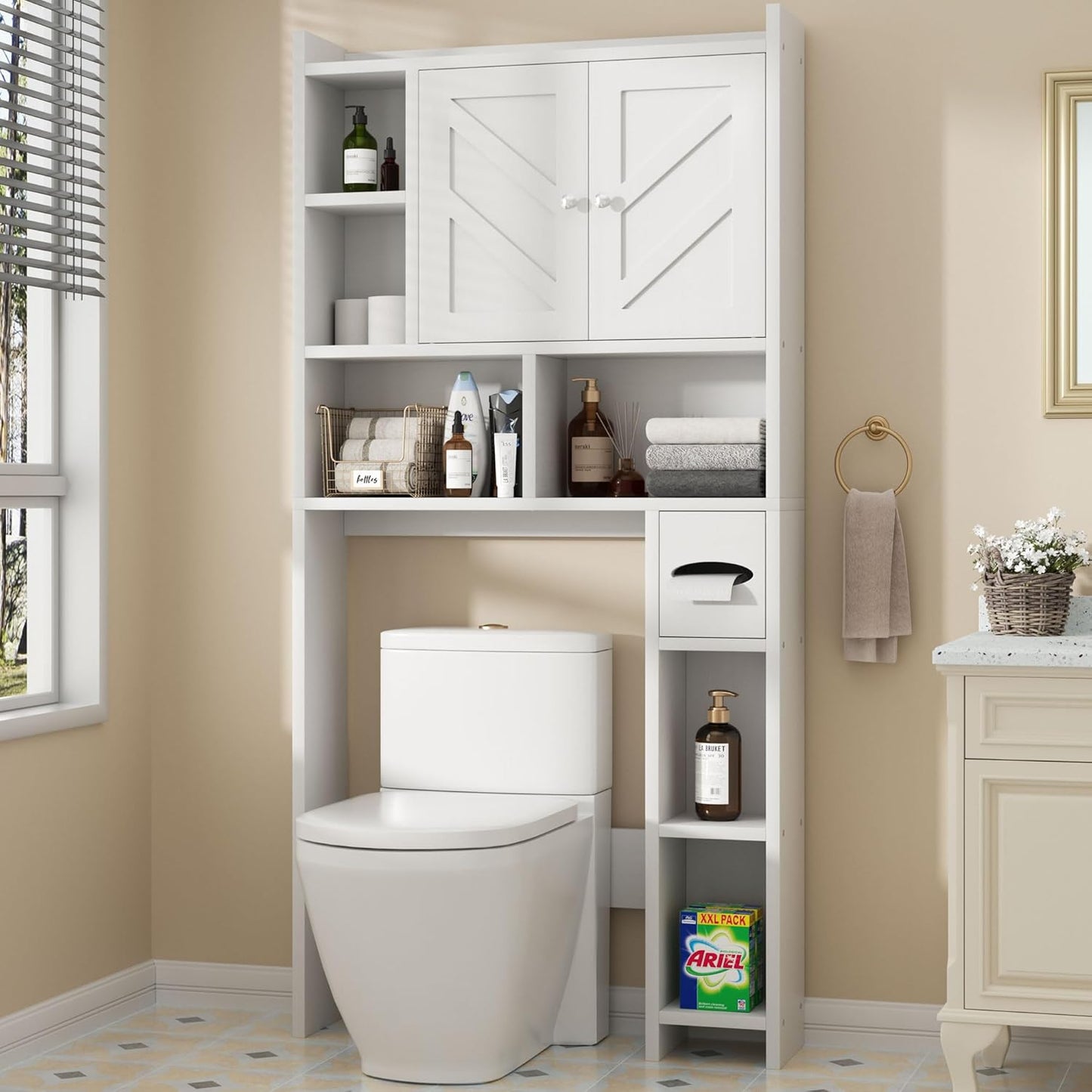 Shintenchi Over The Toilet Storage Cabinet, Bathroom Storage Cabient with Barn Doors, Bathroom Storage Shelf Organizer with Toilet Paper Holder, Adjustable Shelf and Anti-Tip Device, White