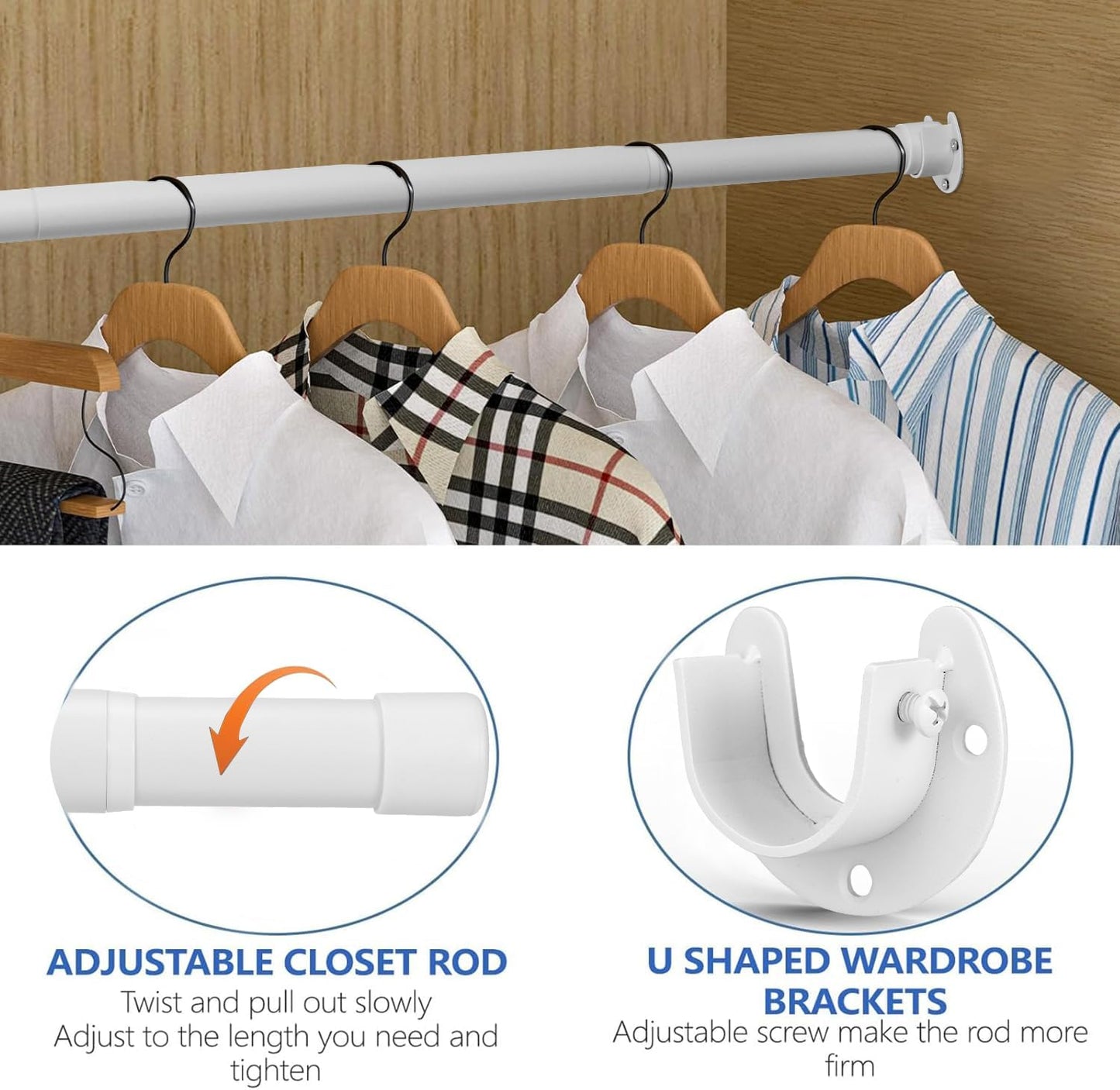 Closet Rod, 17 to 68Inch Closet Rods for Hanging Clothes, Heavy Duty Adjustable Closet Hanging Rod Bar White Closet Poles for Wardrobes, Closet, Bathroom, Windows, 1.3Inch Diameter