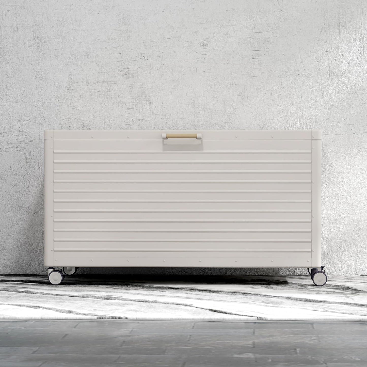 MIRADOR 134 Gallon Outdoor Storage Box Waterproof, Metal Deck Box with wheels for Patio Furniture, Garden Tools, Outdoor Cushion, Latte