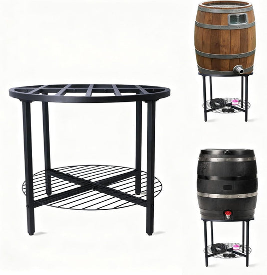 2-Tier Rain Barrel Stand – Base Only, Outdoor Heavy-Duty Rain Water Collection Barrel Stand with Rust-Proof Design & Ring Shelf, Fits 45/50/55-Gallon Plastic Round Rain Barrels (Black)