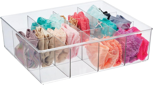 mDesign Plastic 12 Compartment Divided Drawer and Closet Storage Bin - Organizer for Scarves, Socks, Ties Bras, and Underwear - Dress Drawer Organizer, Shelf Organization - Clear