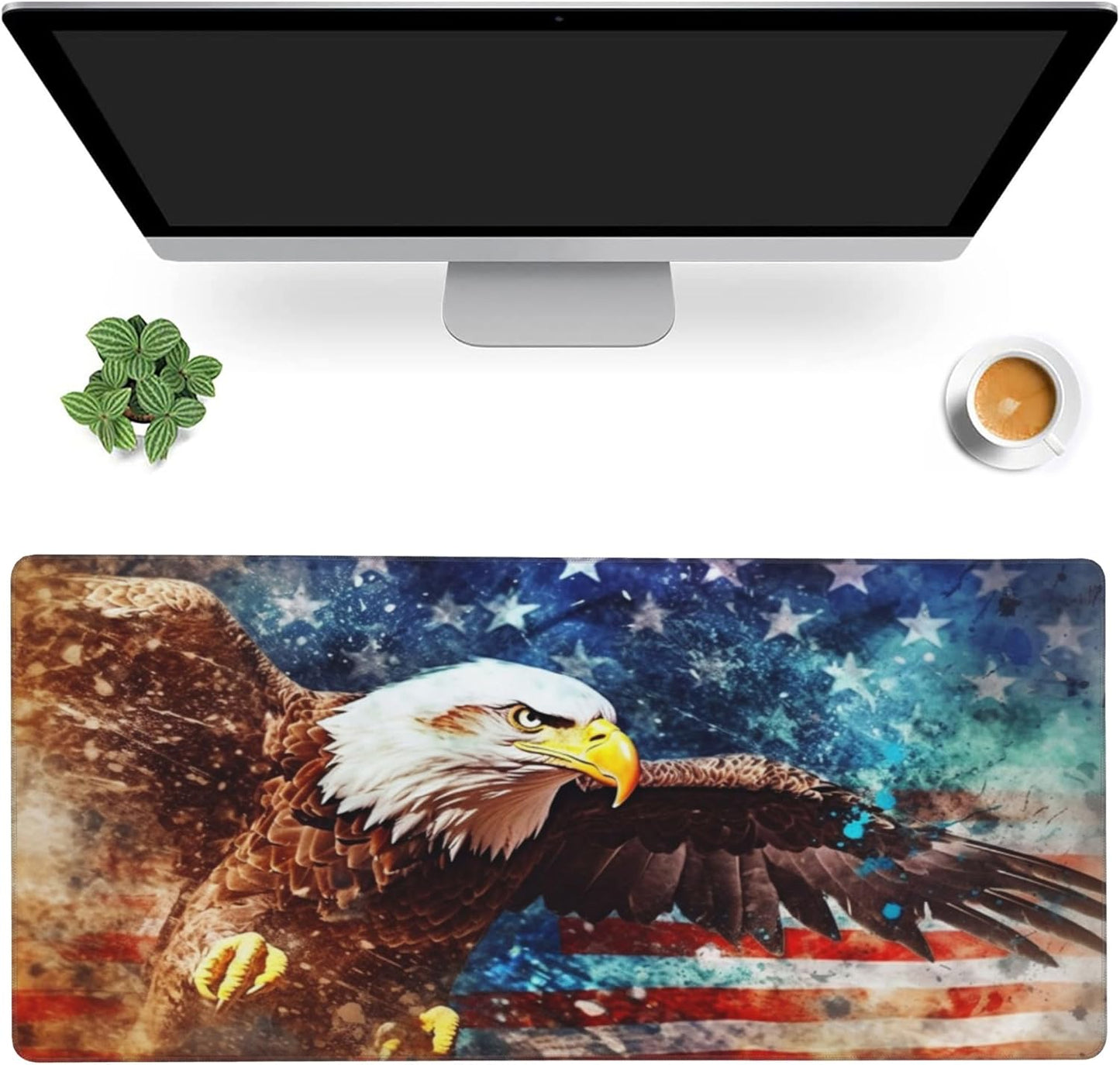 Gaming Mouse Mat Watercolor Bald Eagle Over American Flag Large Mouse Pad Extended Mouse Pad Desk Mat Non-Slip Rubber Base Mice Pad Desk Pad for Office Game Home 35.4x15.75 in