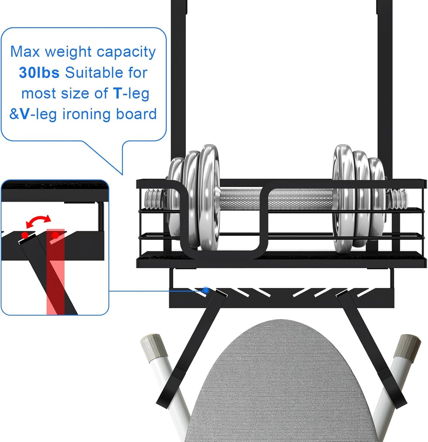 TJ.MOREE Over The Door/Wall Mount Ironing Board Hanger, Laundry Room Iron and Ironing Board Caddy Storage for Water Mister, Fabric Sprays, Laundry Detergent
