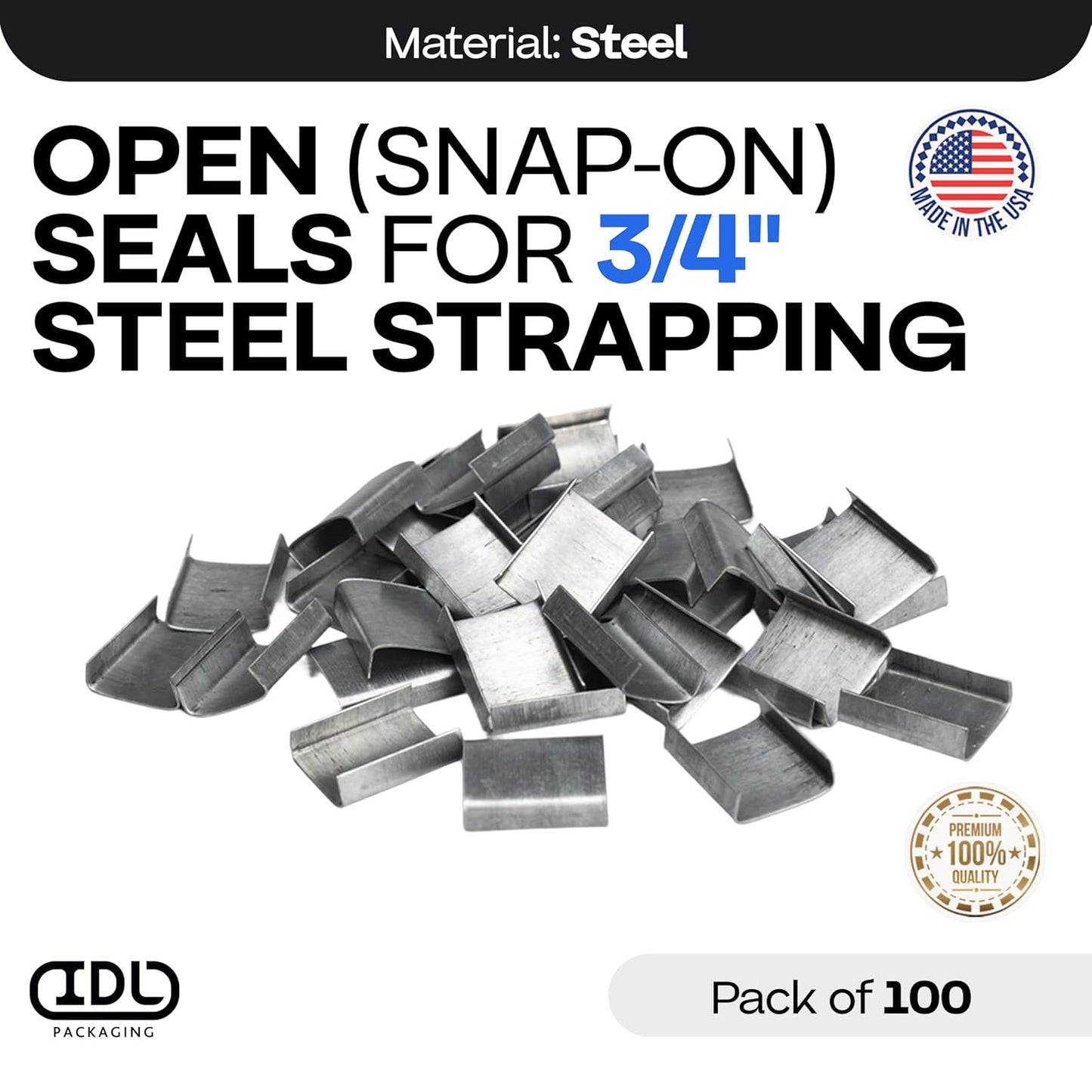 IDL Packaging - ST-O-34-M 3/4" Open (Snap-On) Seals for Steel Strapping, Pack of 100