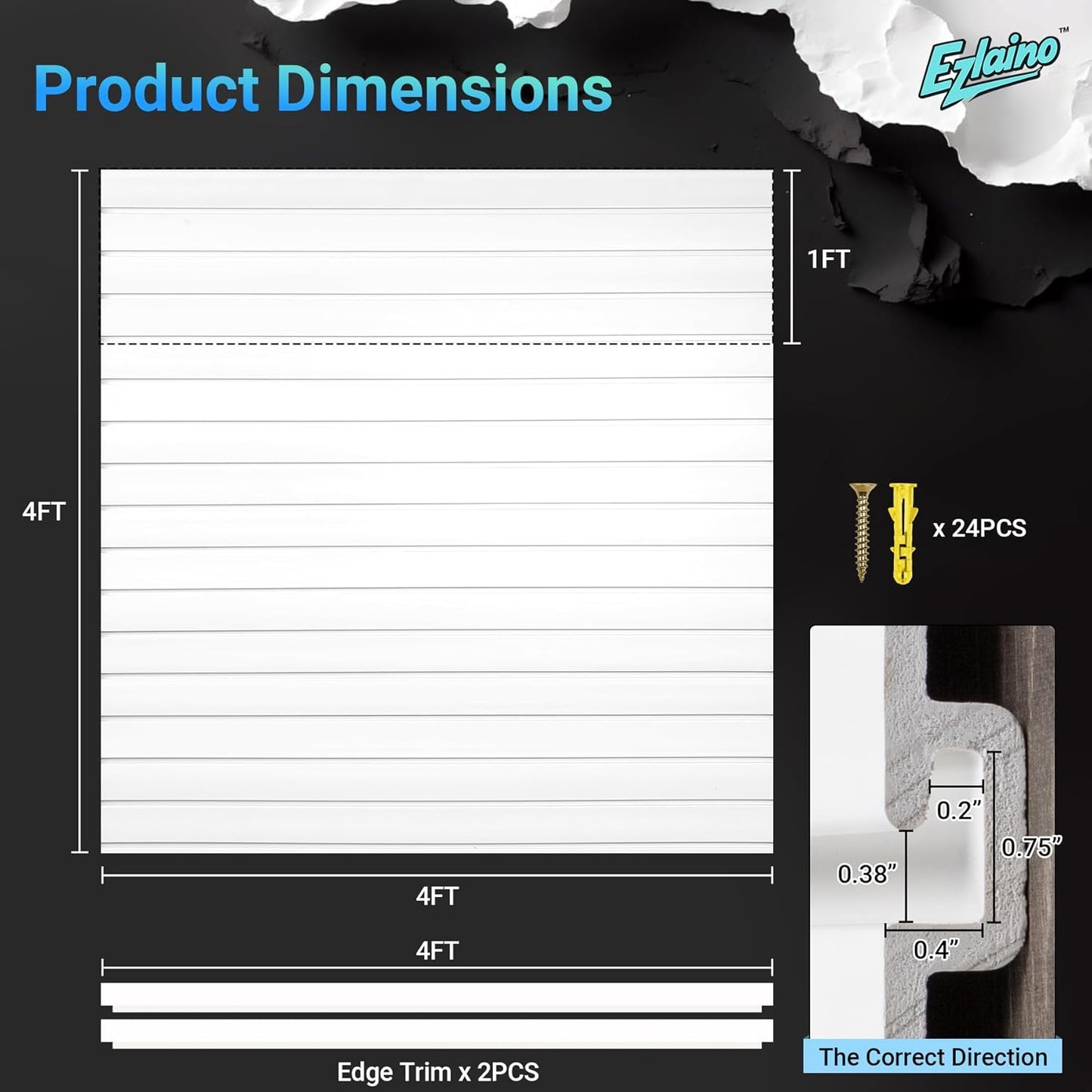 Ezlaino Slatwall Panel 4FT x 4FT, PVC Slat Wall Storage System, Waterproof, Durable& Easy to Install, Compatible with Most Hooks, Ideal for Garage Storage & Home Decoration, White