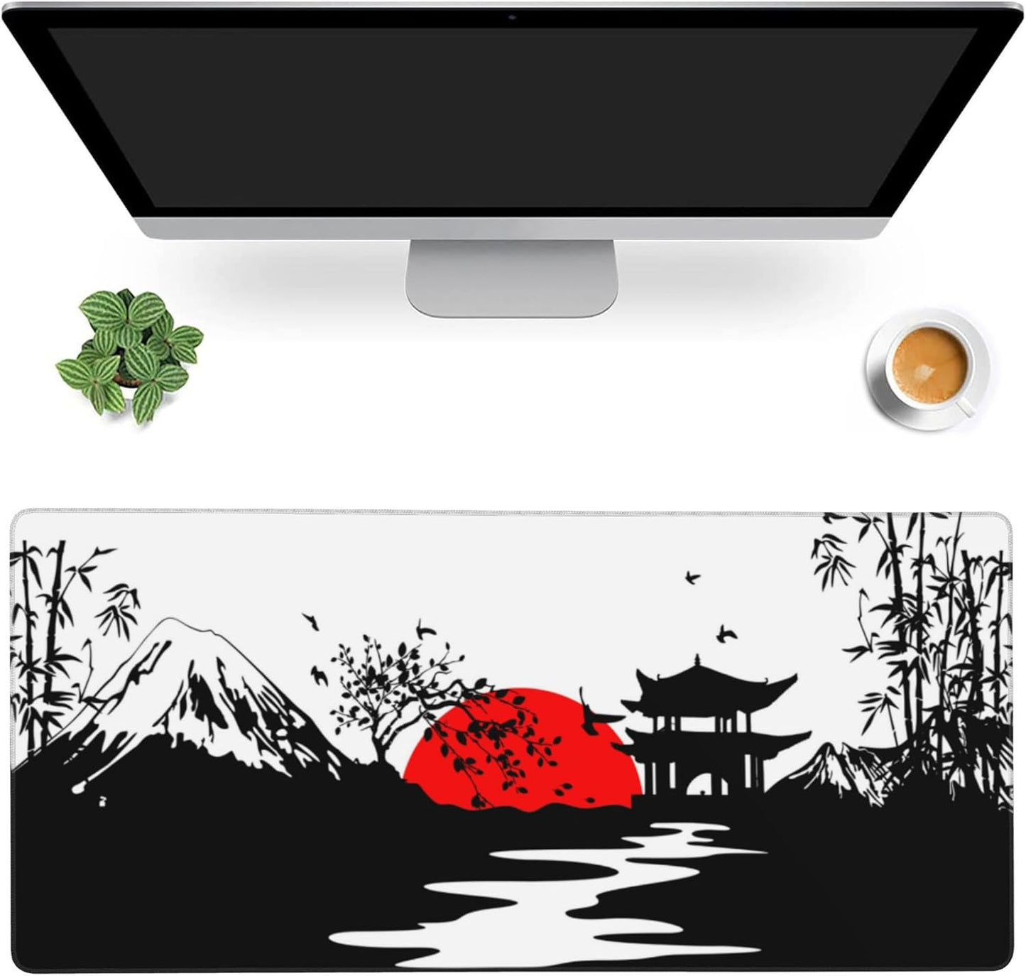 Desk Mat,Japanese Landscapes with Mountains Gaming Mouse Pad,XXL Extended Mouse Pad Mat for Office,Computer,Keyboard with Non-Slip Base Stitched Eges Mousepad 35.4x15.75 inch