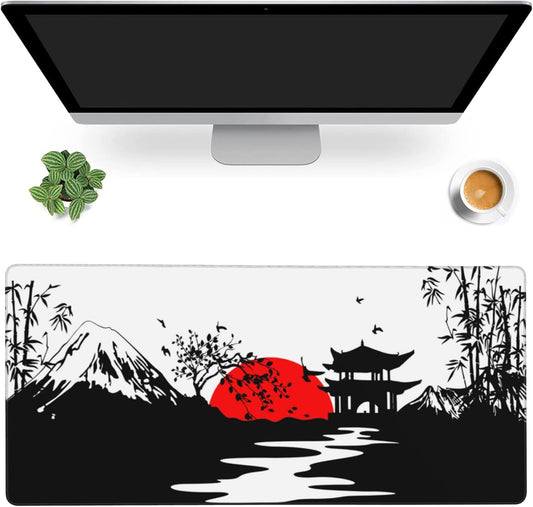 Desk Mat,Japanese Landscapes with Mountains Gaming Mouse Pad,XXL Extended Mouse Pad Mat for Office,Computer,Keyboard with Non-Slip Base Stitched Eges Mousepad 35.4x15.75 inch