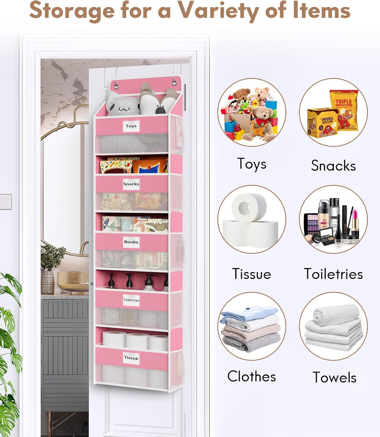 Over The Door Organizer Hanging, 5 Shelf Behind The Doors Storage, Pantry Door Organizer, Closet Organizers for Bedroom and Nursery (Pink)