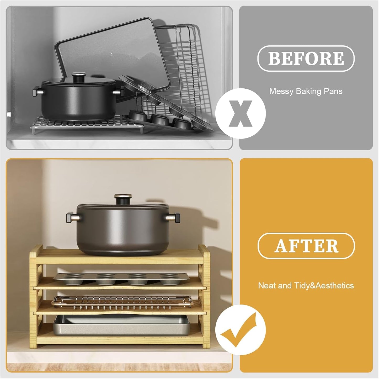 4 Tier Wooden Cabinet Tray Dividers, Kitchen Vertical Baking Sheet Organizer, Storing Pans, Baking Trays, Cutting Board