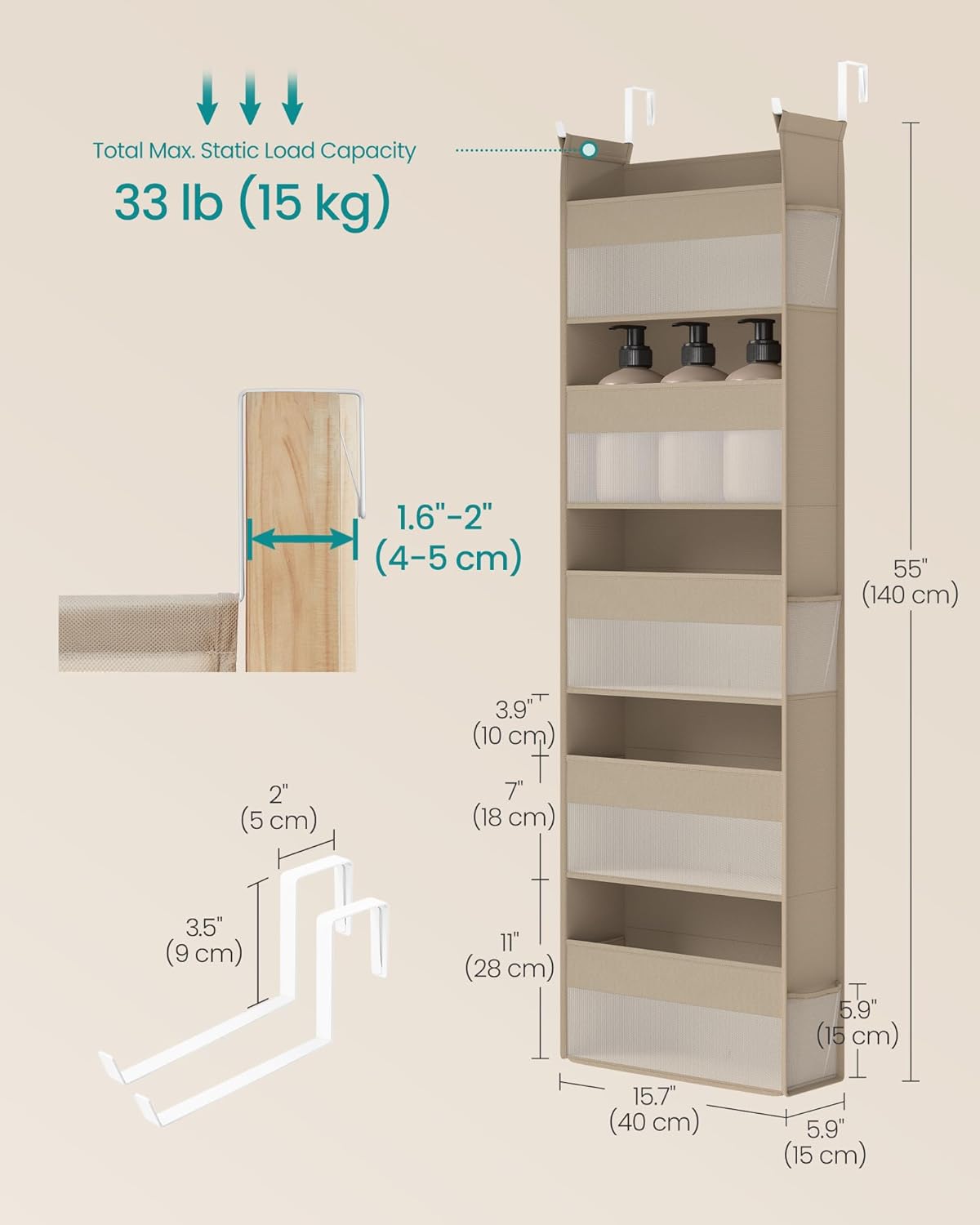 SONGMICS Over The Door Organizer, Hanging Door Organizer with 5 Large Pockets, 5-Tier Fabric Storage, Transparent Nylon Mesh, Foldable, Metal Hooks, with Side Pouches, Summer Sand URDH007Y01