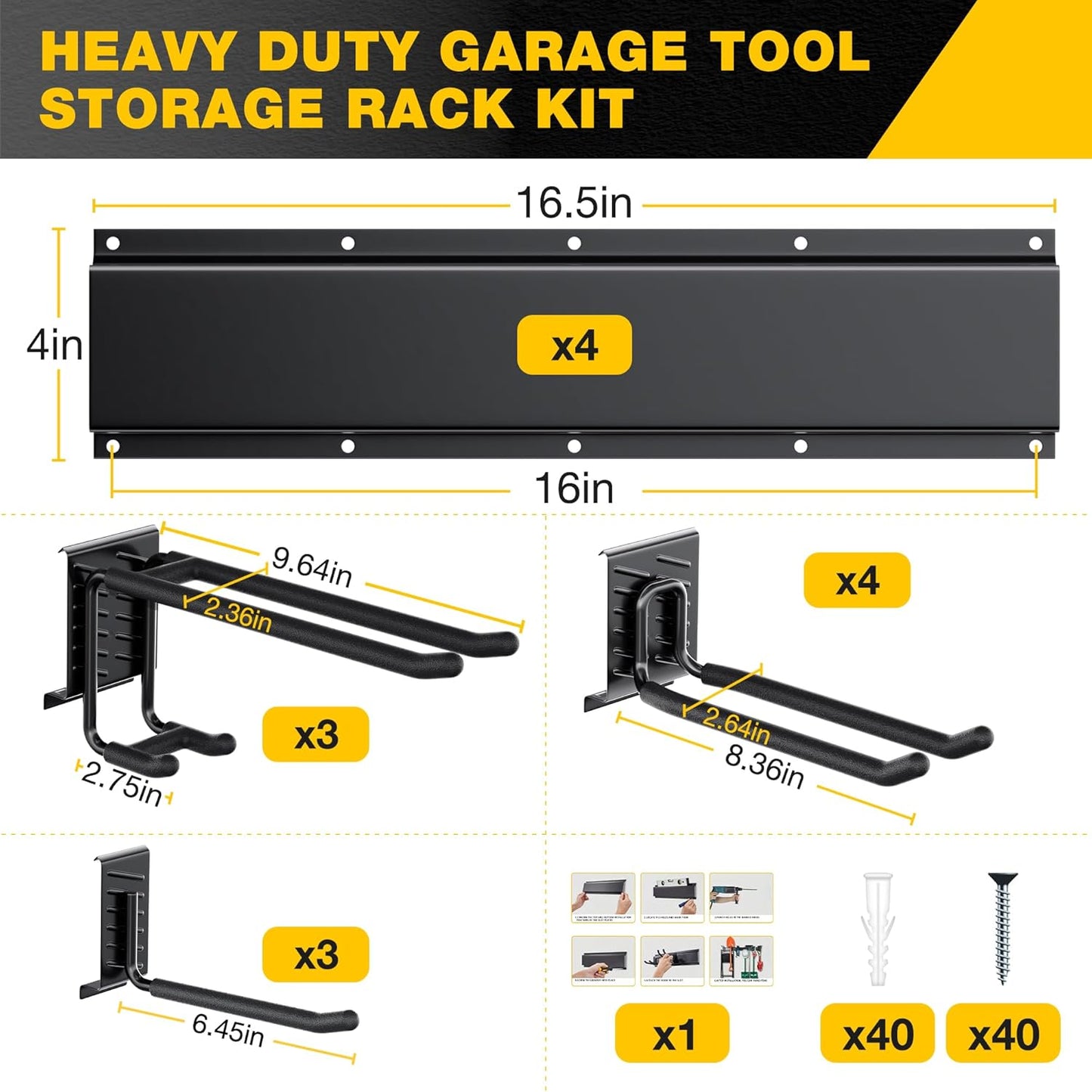 Garage Tool Organizer Wall Mount with 64 inches Rails and 10 Adjustable Heavy-Duty Hooks, Garden Tool Organizer, 14 Pack Carries 630 lbs, Heavy Duty Garage Storage Rack For Yard, Shed, Easy to install