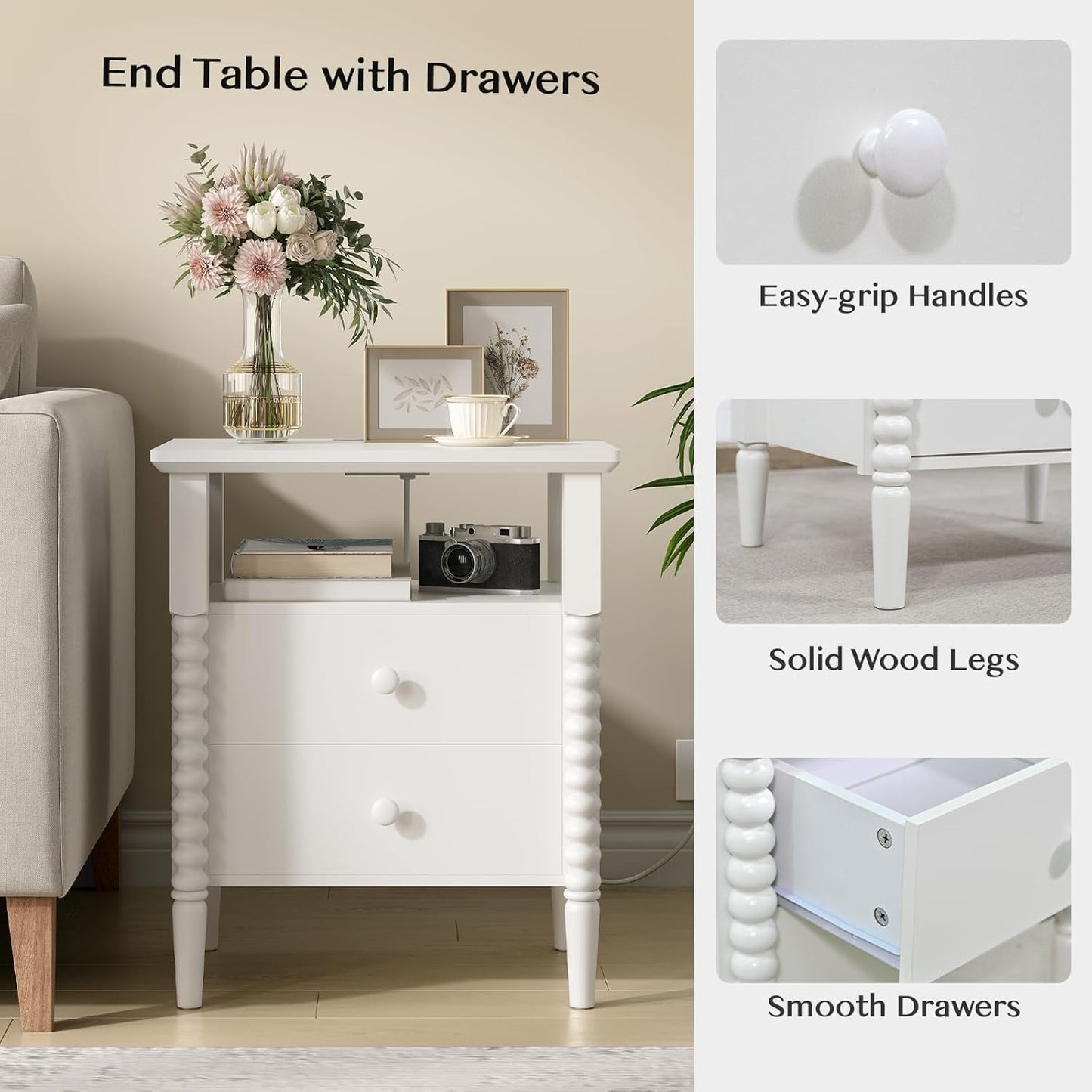 White Night Stand Set 2, Vintage Nightstand with Charging Station, Modern Bedside Table with 2 Drawers, End Table with Solid Wood Legs, Bed Side Tables for Bedroom, White