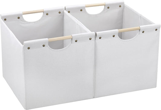 HOONEX Large Collapsible Storage Bins, Linen Fabric, Pack of 2, Storage Baskets with Wooden Carry Handles and Sturdy Heavy Cardboard, for Home, Office, Car, Nursery, White
