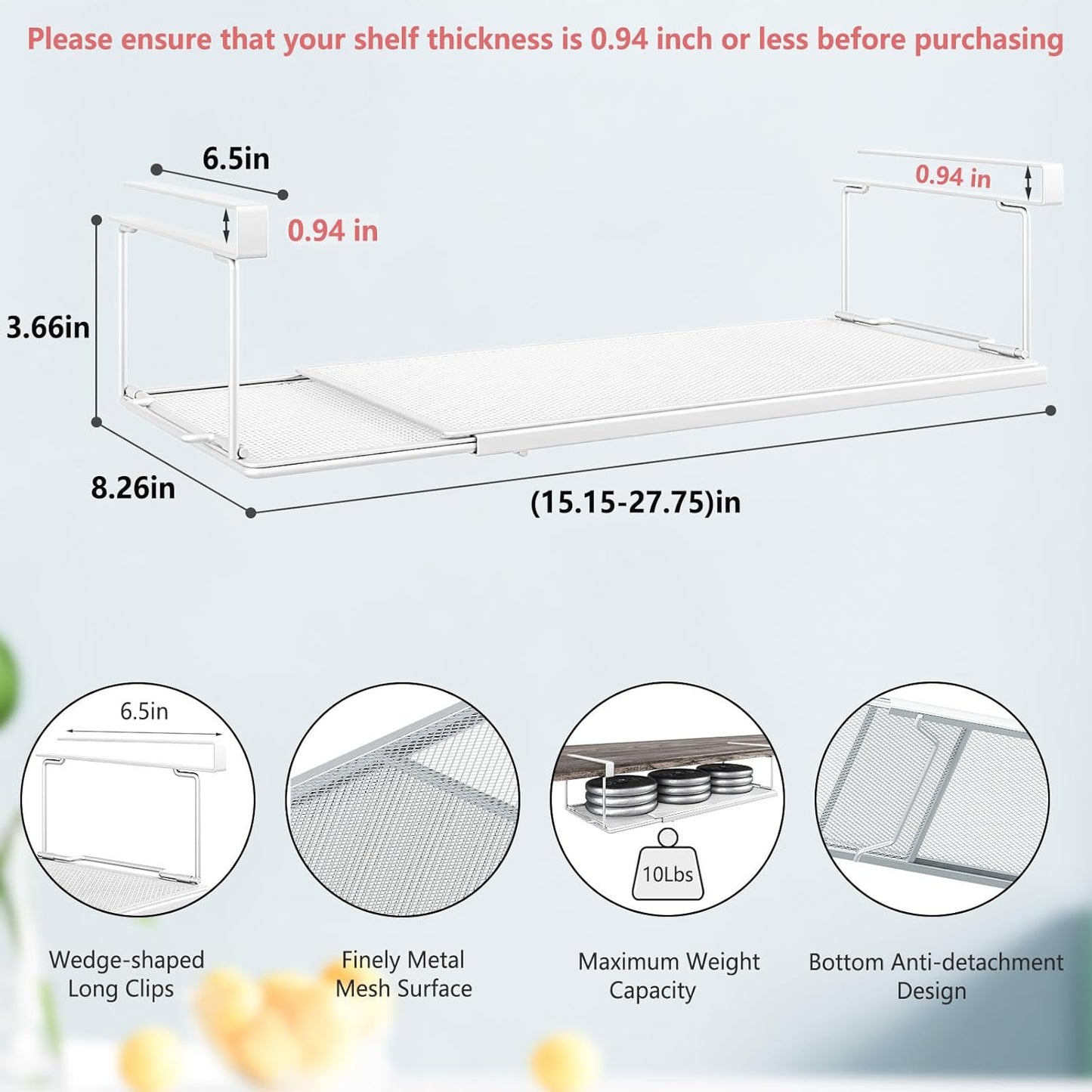 Expandable Under Cabinet Shelf, Extendable Under Shelf Storage with 0.94 Inches Thick Clips for Pantry Cabinet, Laundry Room, Shoe Rack. (White, 2 Pack, Interior: 3.66" H x 8.26" D)