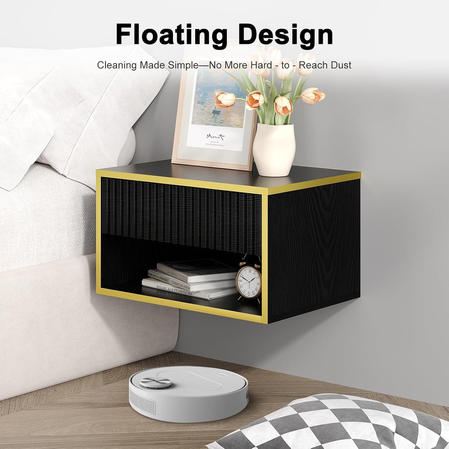 4ever2buy Floating Nightstand Set of 2, Modern Wall Mounted Nightstand with Open Shelf and Fluted Drawer, Black and Gold Night Stand for Bedroom, (Black, 2)