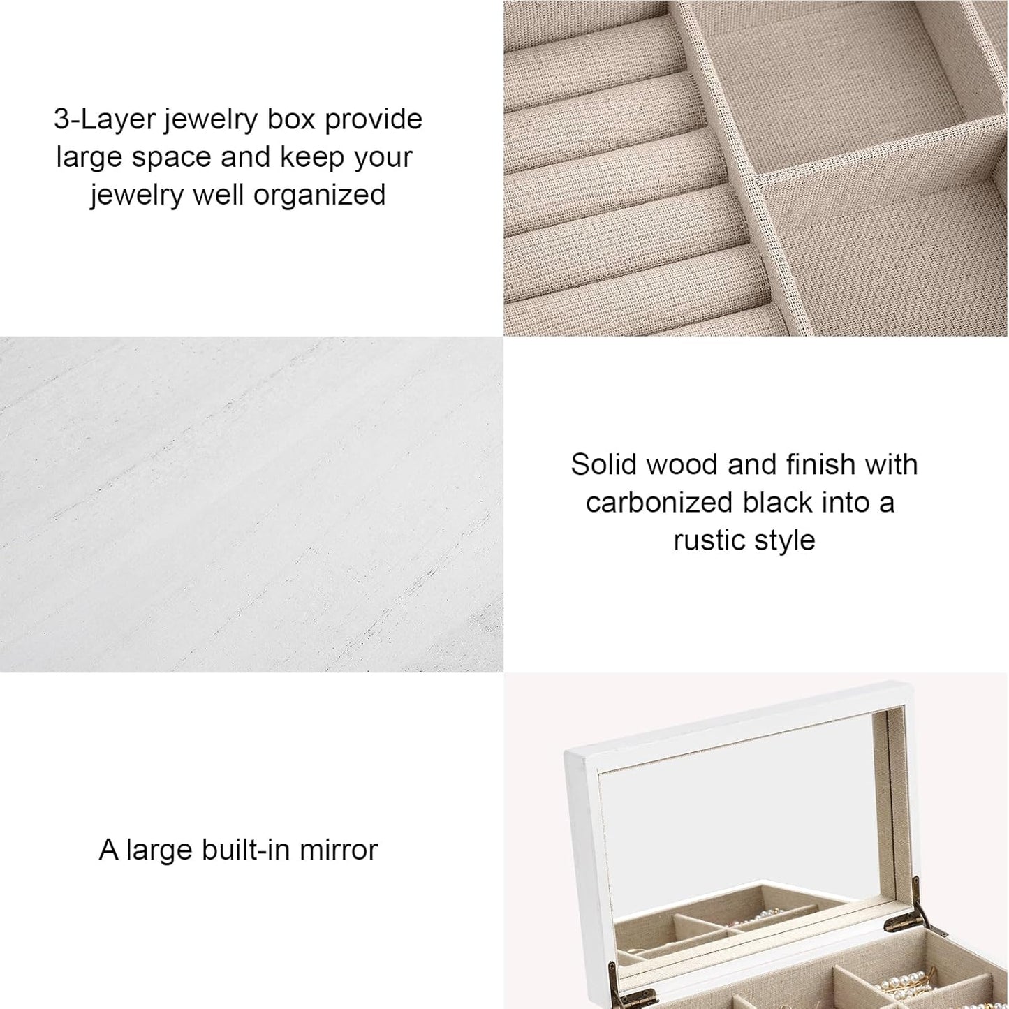 Meangood Jewelry Box Organizer for Women, 3 Layer Large Jewelry Storage Case, Rustic Wooden Jewelry Box with Mirror & Ring Tray for Necklace Earring Bracelets Rings, Vintage Style (White)