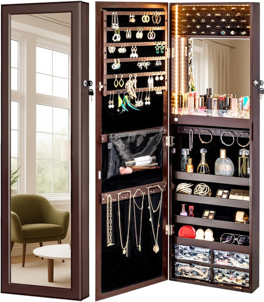 LUXFURNI Mirror Jewelry Cabinet 79 LED Lights Wall-Mount/Door-Hanging Jewelry Armoire with Mirror, Lockable Storage Organizer w/Drawers, Brown