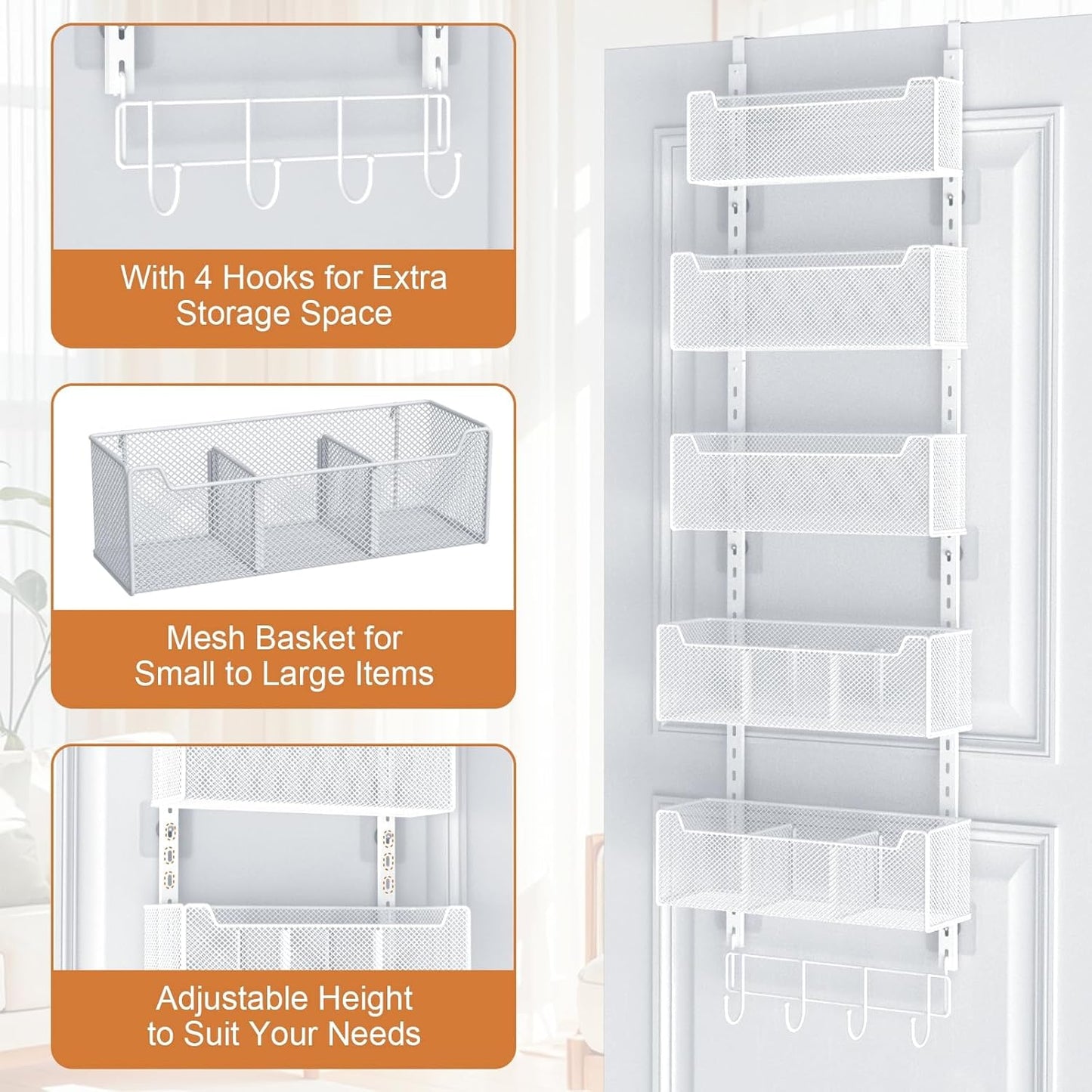 Over The Door Organizer, Metal Door Organizer Hanging with 5 Adjustable Baskets and Coat Hook, Behind The Door Storage for Bedroom Closet Bathroom Pantry Cabinet Kitchen, White