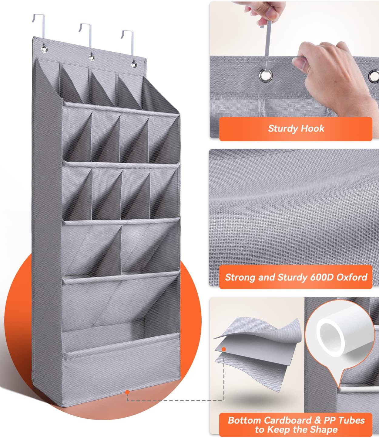 FENTEC 1 Pack Over-the-Door-Shoe-Organizers, Hanging Organizers with Large Pocket Shoe Holder Hanging Shoe Rack for Closet Shoe Organizer for Wall, Over Door Organizer with 15 Pockets Gray
