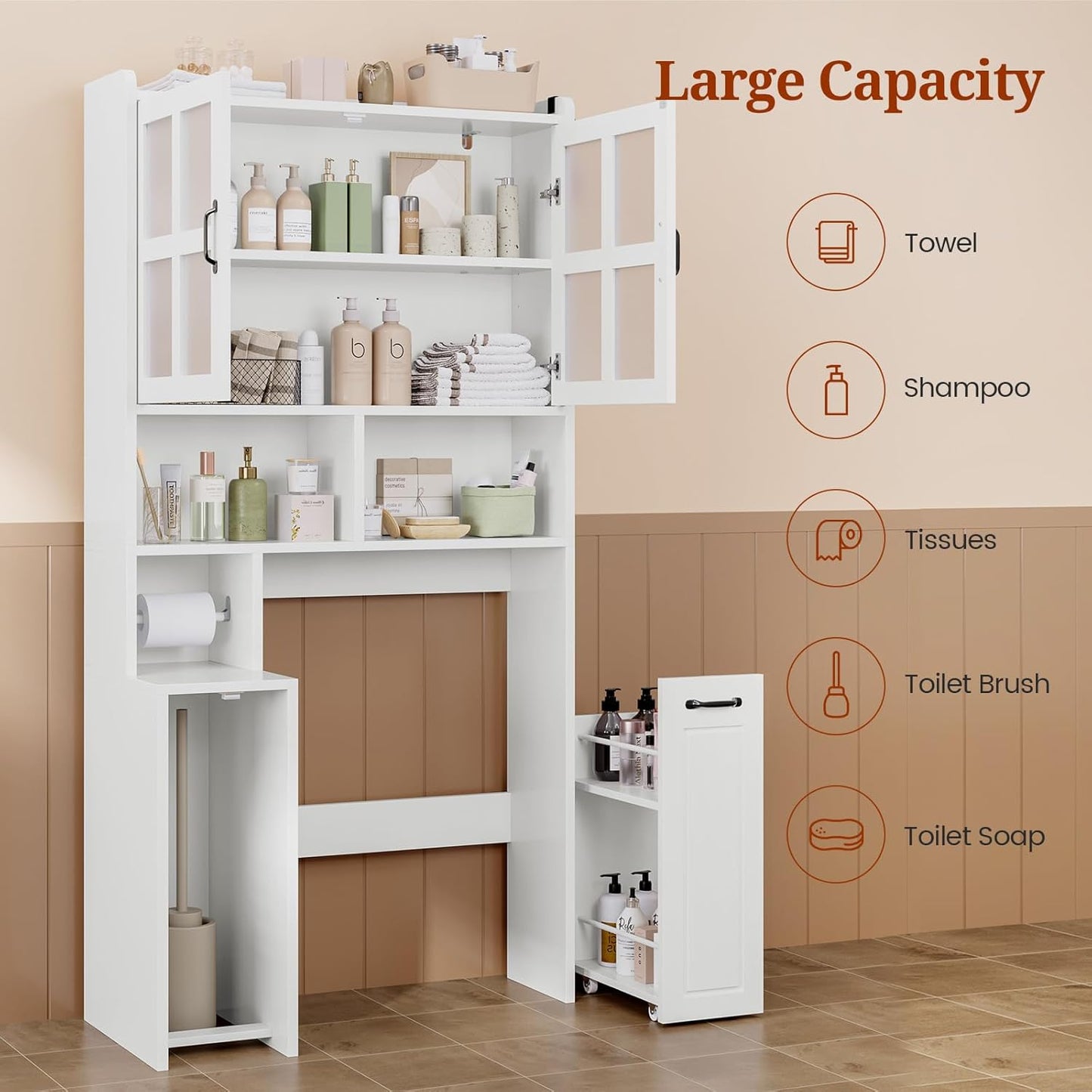 Over The Toilet Storage Cabinet with Pulley Small Bathroom Storage Cabinet, Space Saver W/Adjustable Shelf & Glass Doors for Bathroom, Restroom, Laundry (Frosted Mirror-Type B)