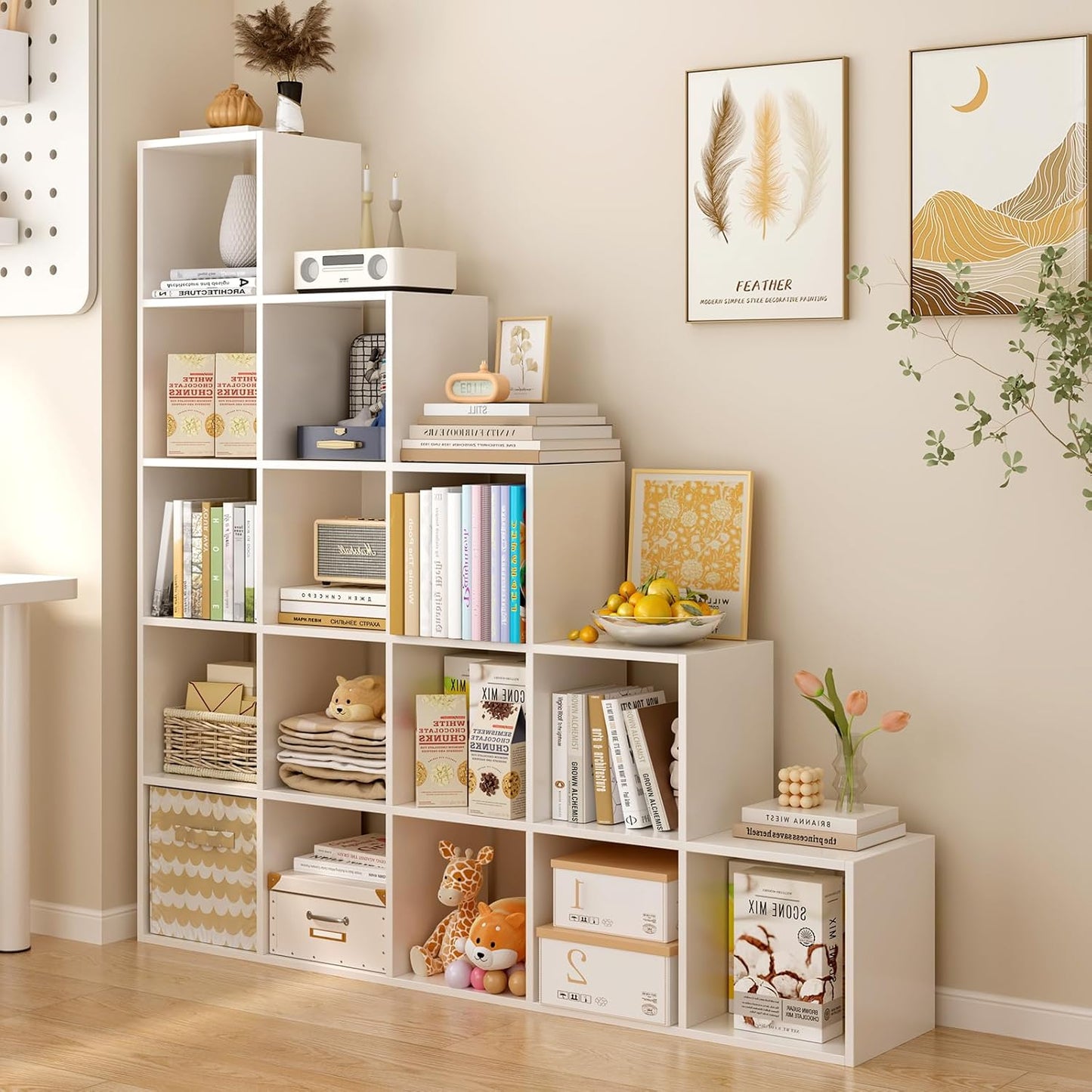 Ladder Cube Storage Bookcase - Wooden L-Shaped 5-Tier Corner Shelf, Reversible 15-Cube Organizer for Home & Office, White