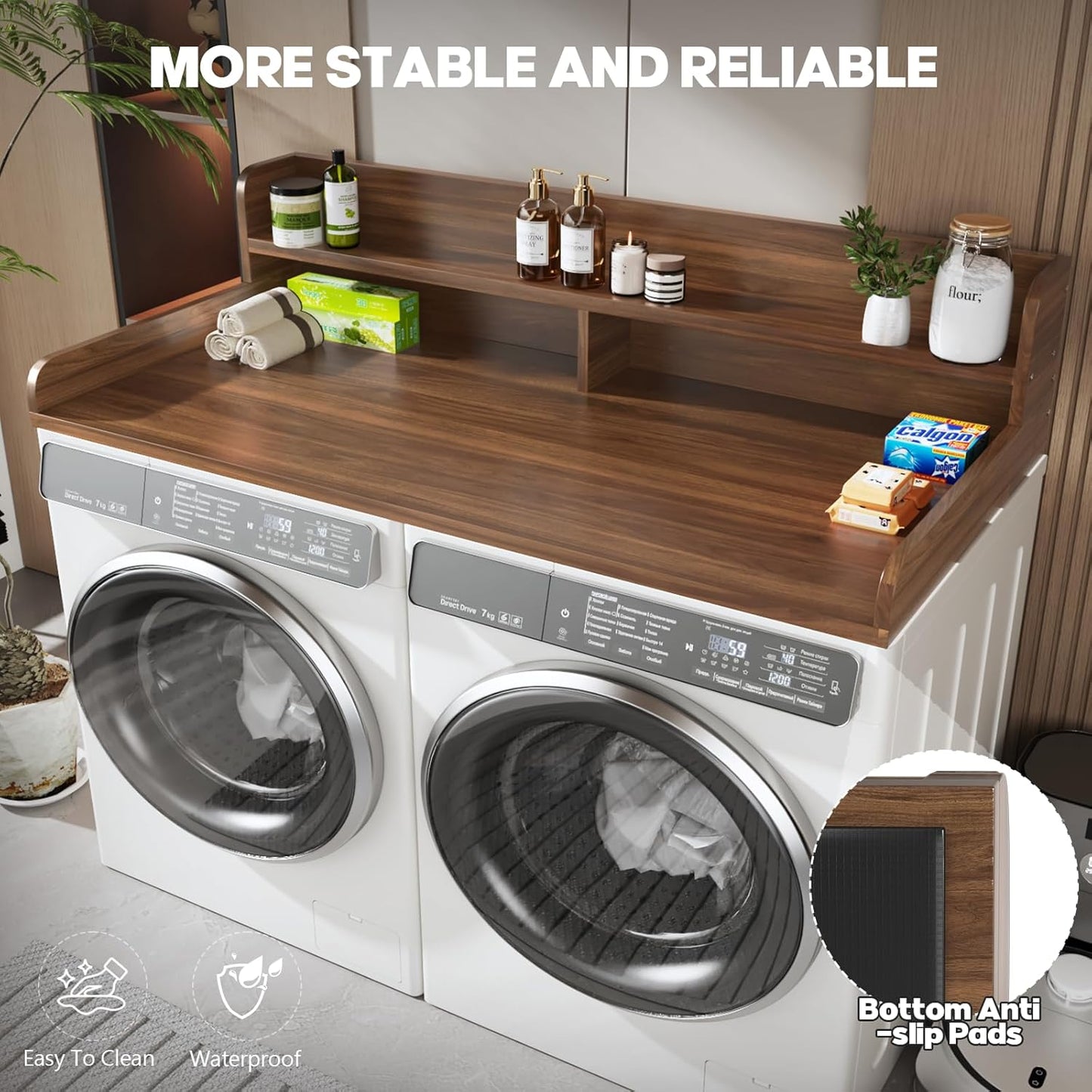2-Tier Washer and Dryer Countertop,2.75" H Guard,58" W x 28" D Laundry Countertop Cover with Non-Slip Pad,Large Space Laundry Topper for Folding Clothes Over Washer and Dryer-Dark Walnut
