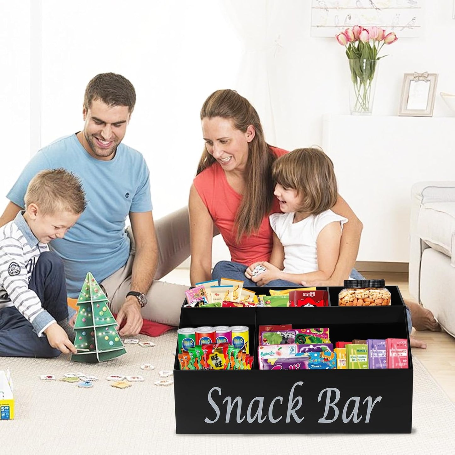 Snack Organizer for Countertop - Acrylic Storage Container With 4 Compartments for Kitchen Cabinet Pantry - Black Snack Bar Station