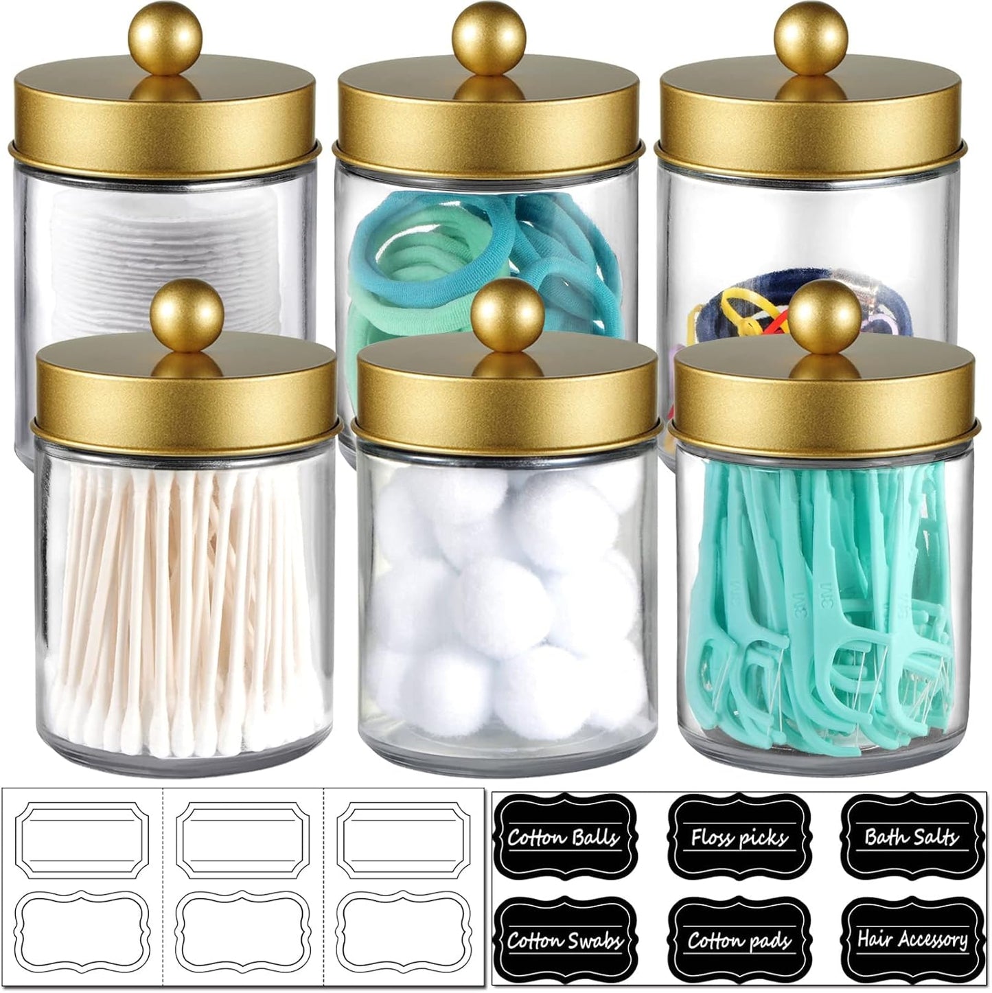 Amolliar 6Pc Apothecary Jars Bathroom Vanity Organizer- Rustic Farmhouse Decor Storage Canister with Stainless Steel Lids- Qtip Dispenser Holder for Q-Tips,Cotton Swabs,Rounds,Ball,Flossers (Gold)