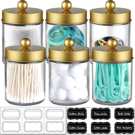 Amolliar 6Pc Apothecary Jars Bathroom Vanity Organizer- Rustic Farmhouse Decor Storage Canister with Stainless Steel Lids- Qtip Dispenser Holder for Q-Tips,Cotton Swabs,Rounds,Ball,Flossers (Gold)