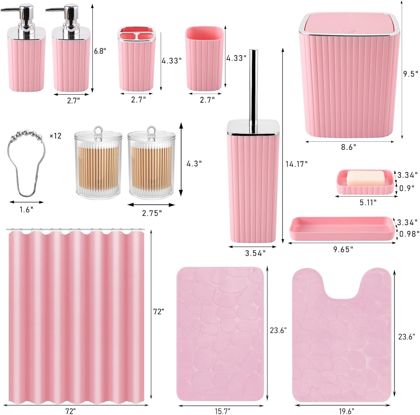 Bathroom Set with Shower Curtain and Rugs- 25PC Pink Bathroom Accessories, Shower Curtain Set, Toilet Brush, Trash Can, Qtip Holder Dispenser & Soap Dispenser