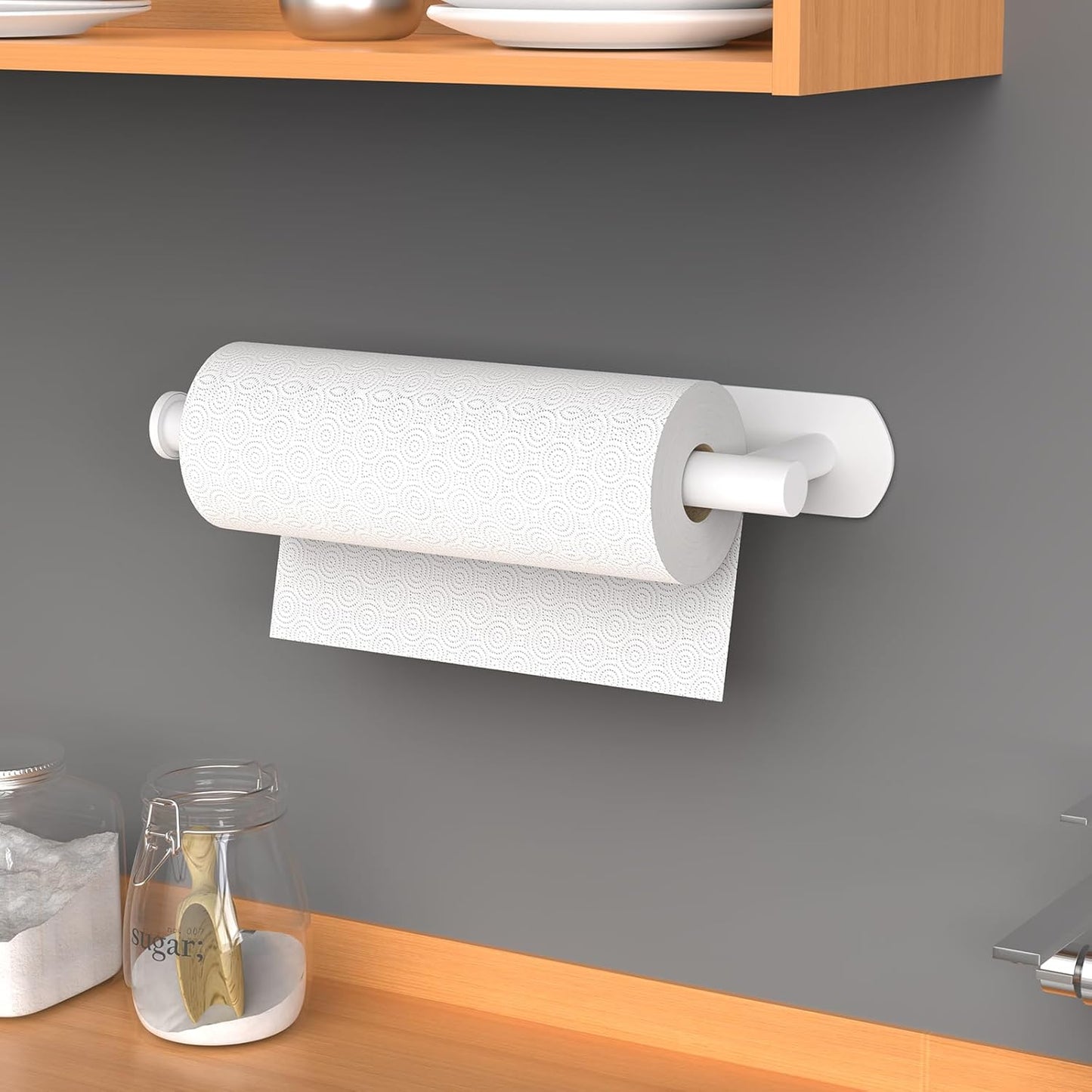 HUFEEOH Adhesive Paper Towel Holder Under Cabinet Wall Mount for Kitchen Paper Towel, Stainless Steel Paper Towel Roll Rack for Bathroom Towel (Thick, White)