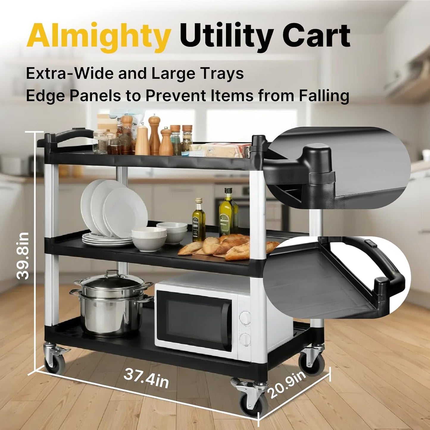 NorthSky Select Dual-Handle Utility Cart, 3 Shelves, 440 lb. Cap - Plastic Shelves, Swivel Casters - Ideal for Office, Garage, Janitorial Transport & Storage